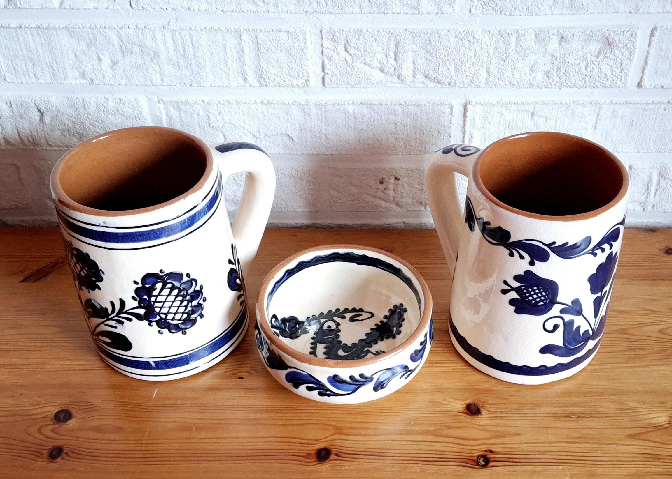 Ceramic beer set, beer mugs and bowl with blue floral design