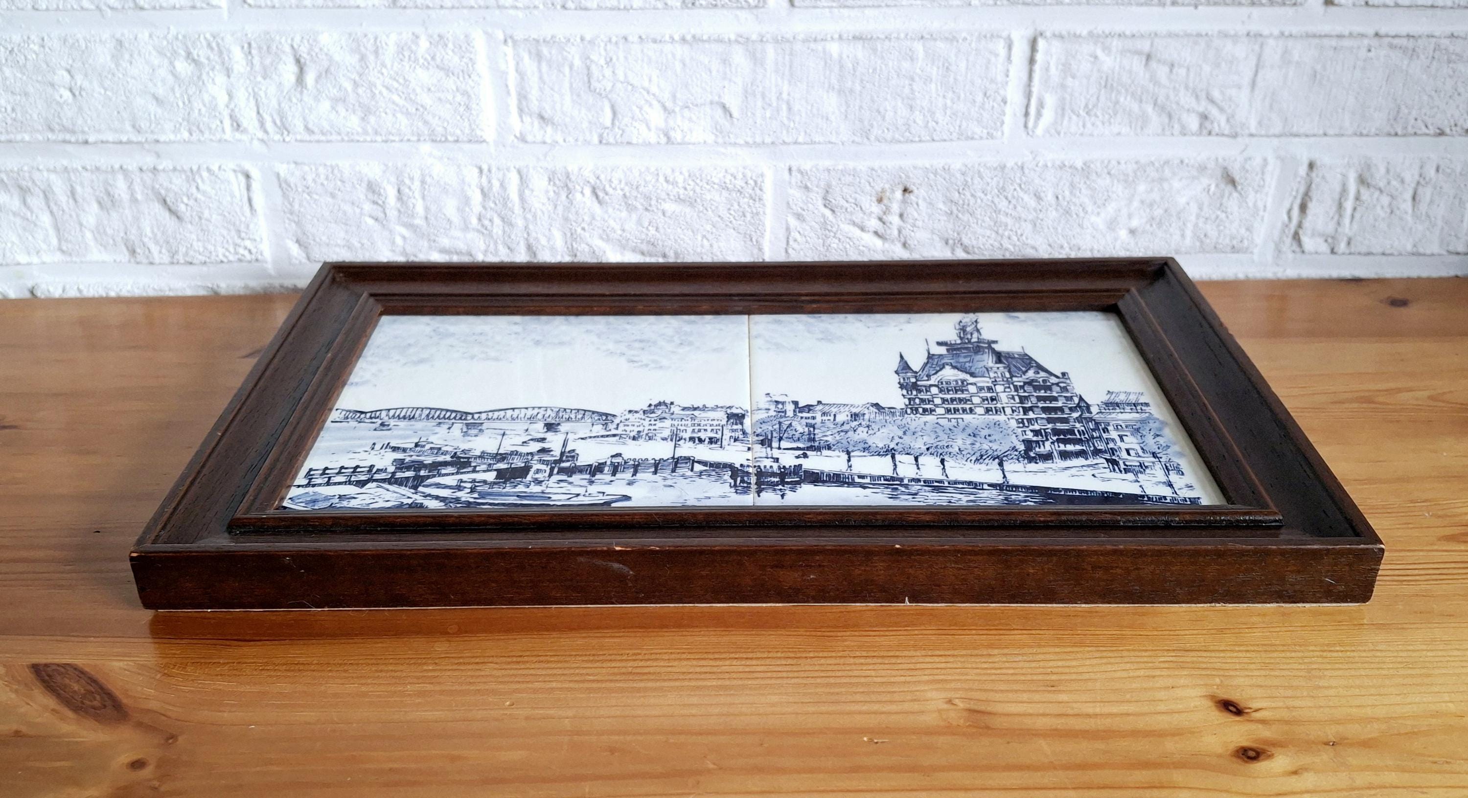 Framed Delft Blue tile artwork, Amsterdam cityscape