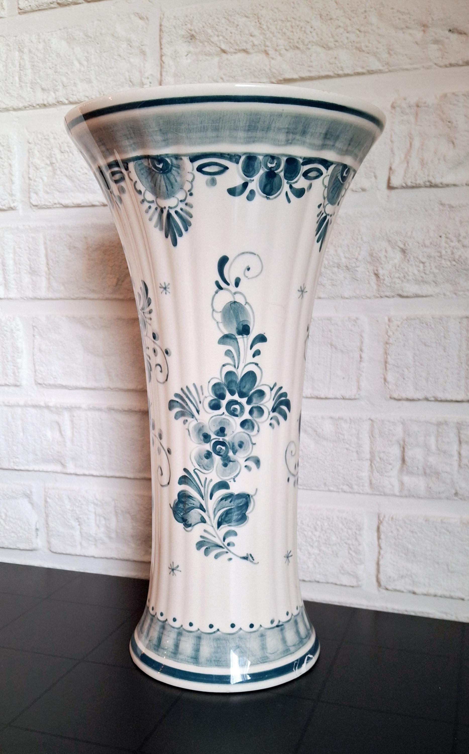 Hand-painted Delft vase, Blue-green floral design