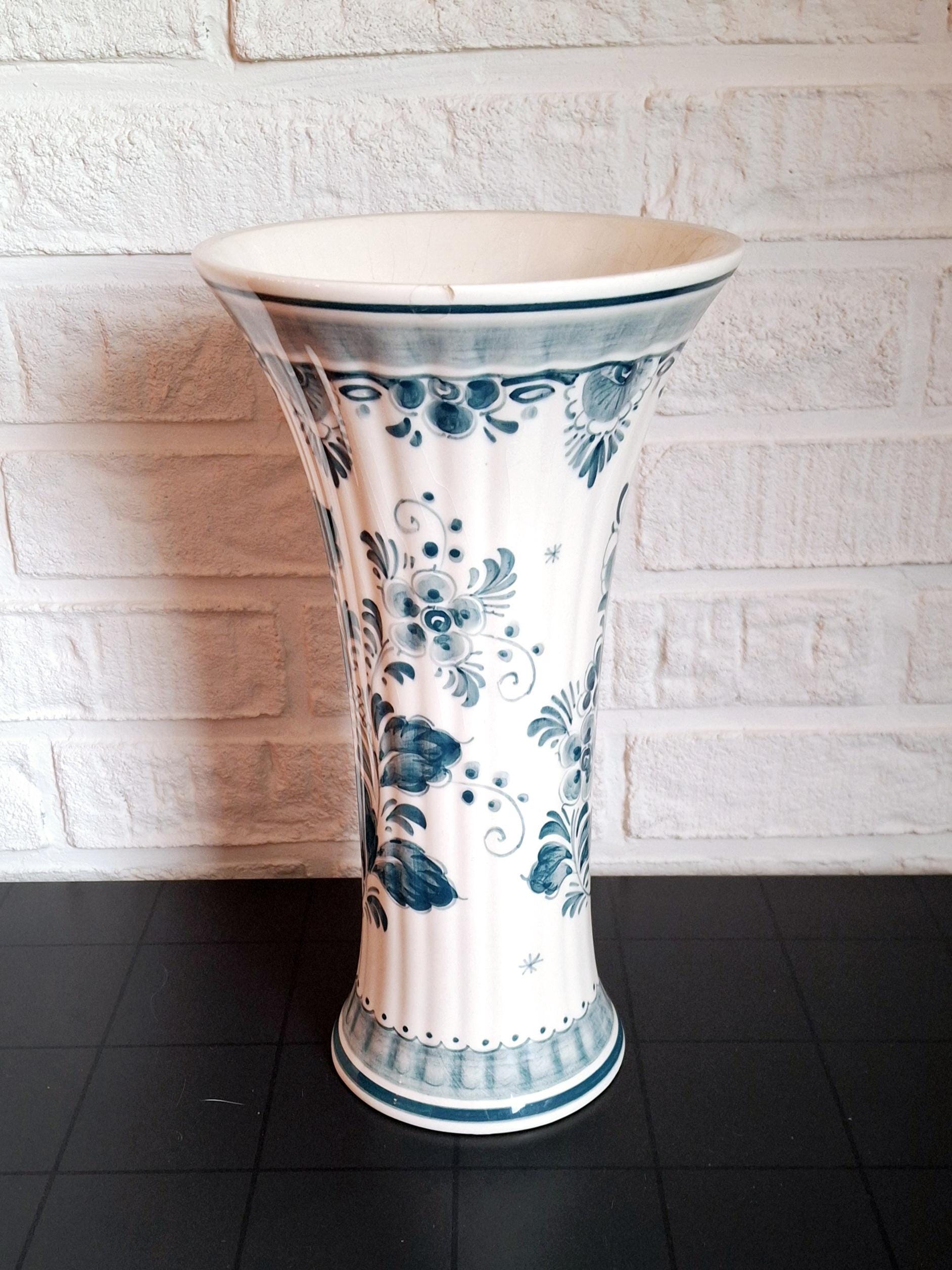 Hand-painted Delft vase, Blue-green floral design