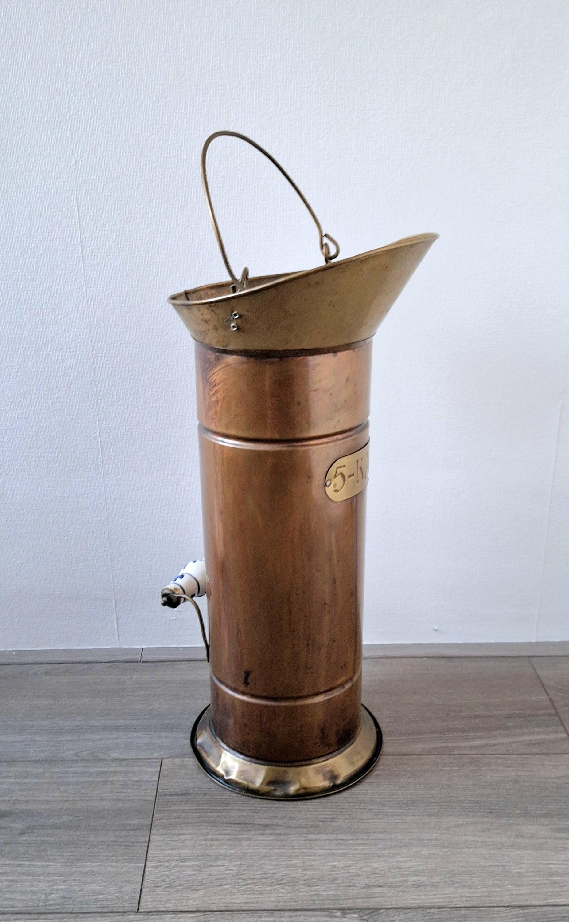 Holland brass umbrella stand, Copper coal scuttle, Vintage fireplace accessory