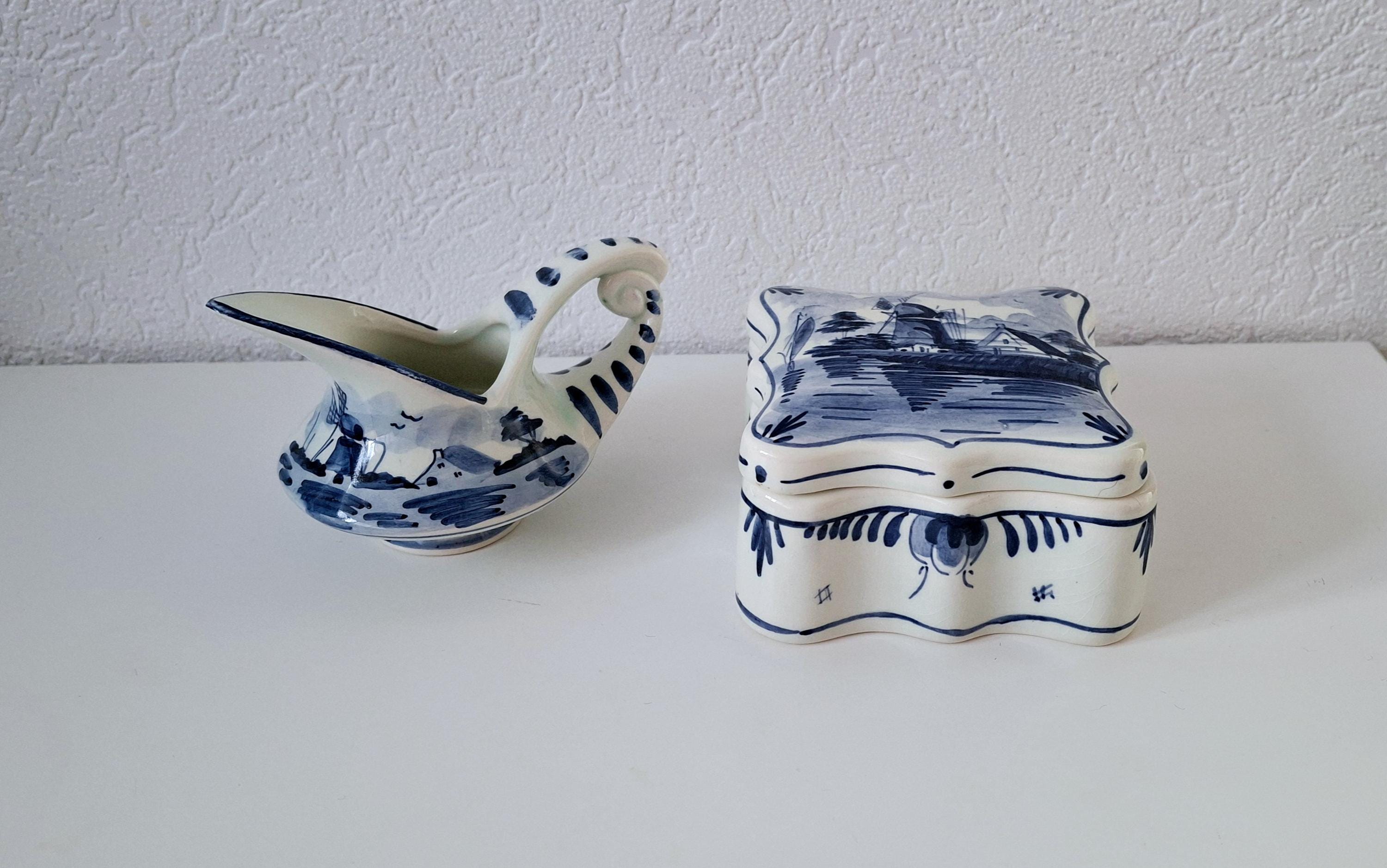 Vintage Delft Blue set, Butter dish & creamer/sauce boat, Delft box and pitcher