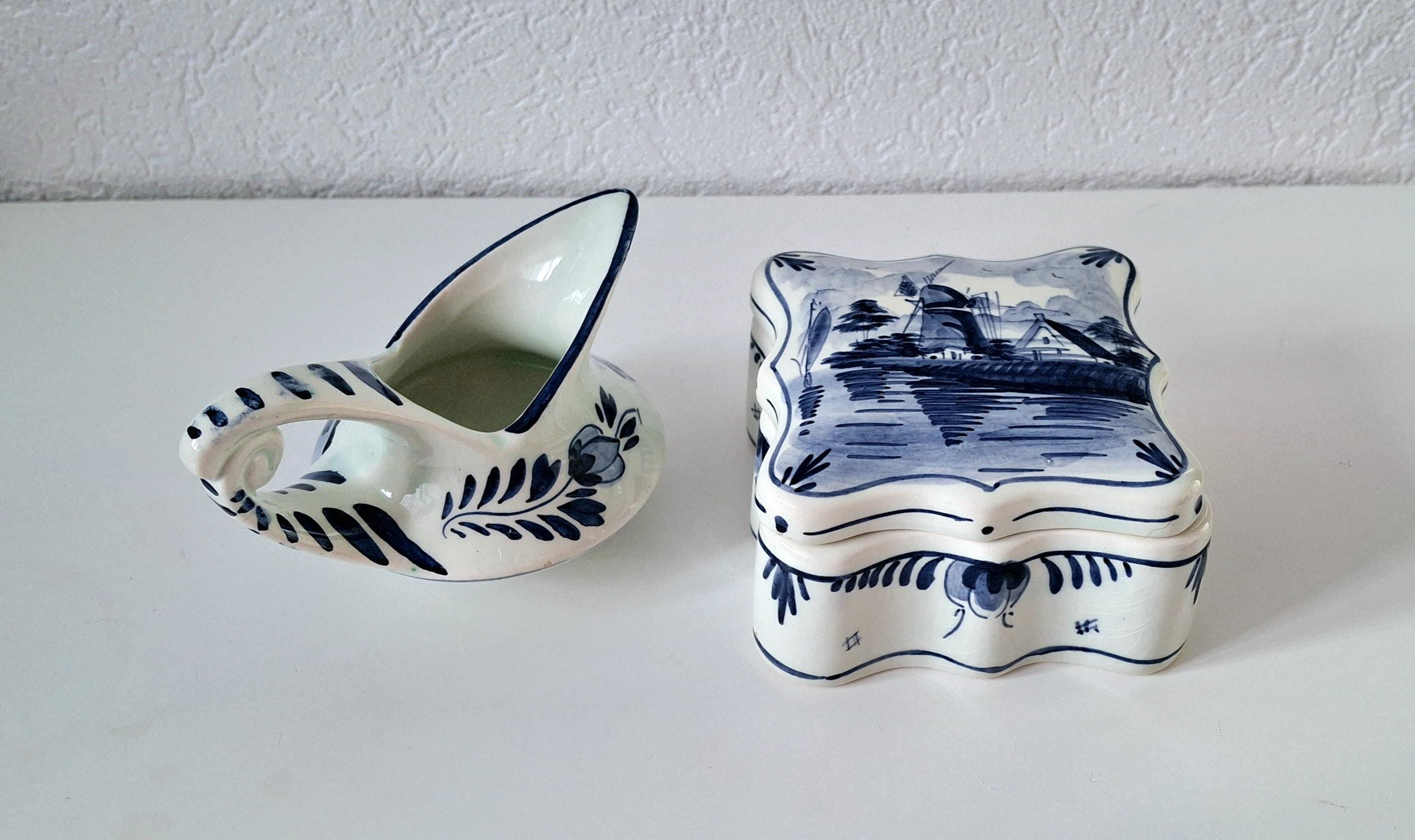 Vintage Delft Blue set, Butter dish & creamer/sauce boat, Delft box and pitcher