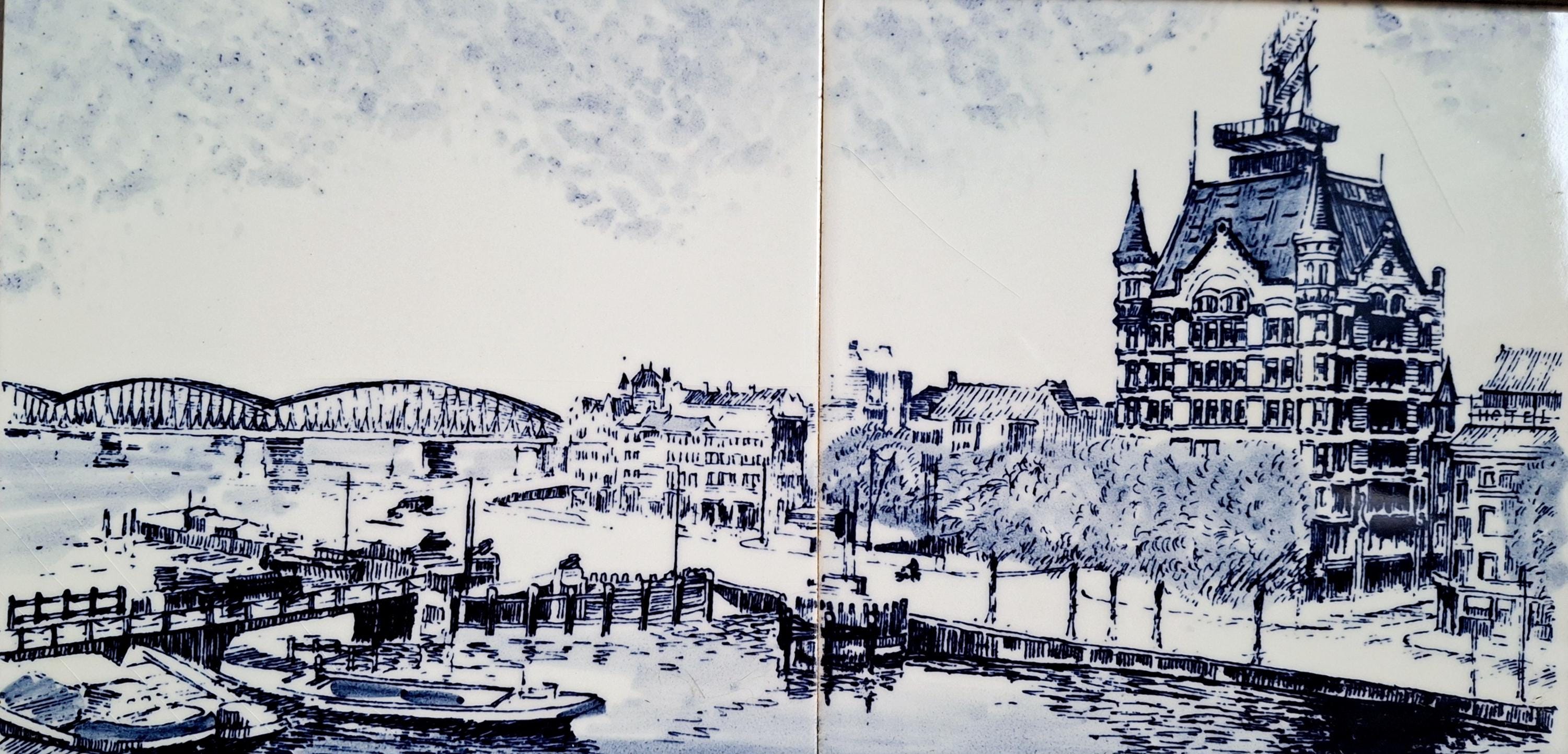 Framed Delft Blue tile artwork, Amsterdam cityscape