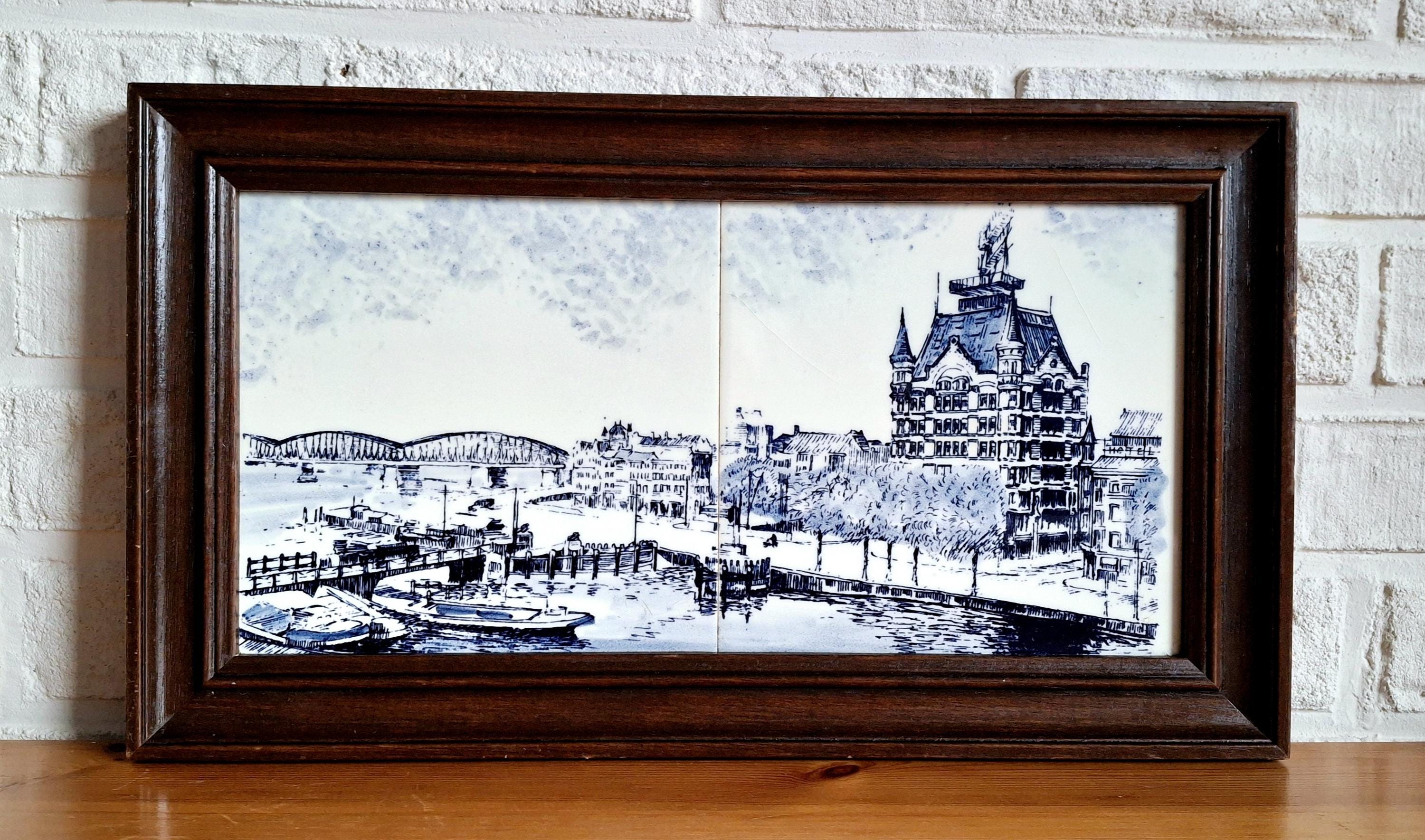 Framed Delft Blue tile artwork, Amsterdam cityscape