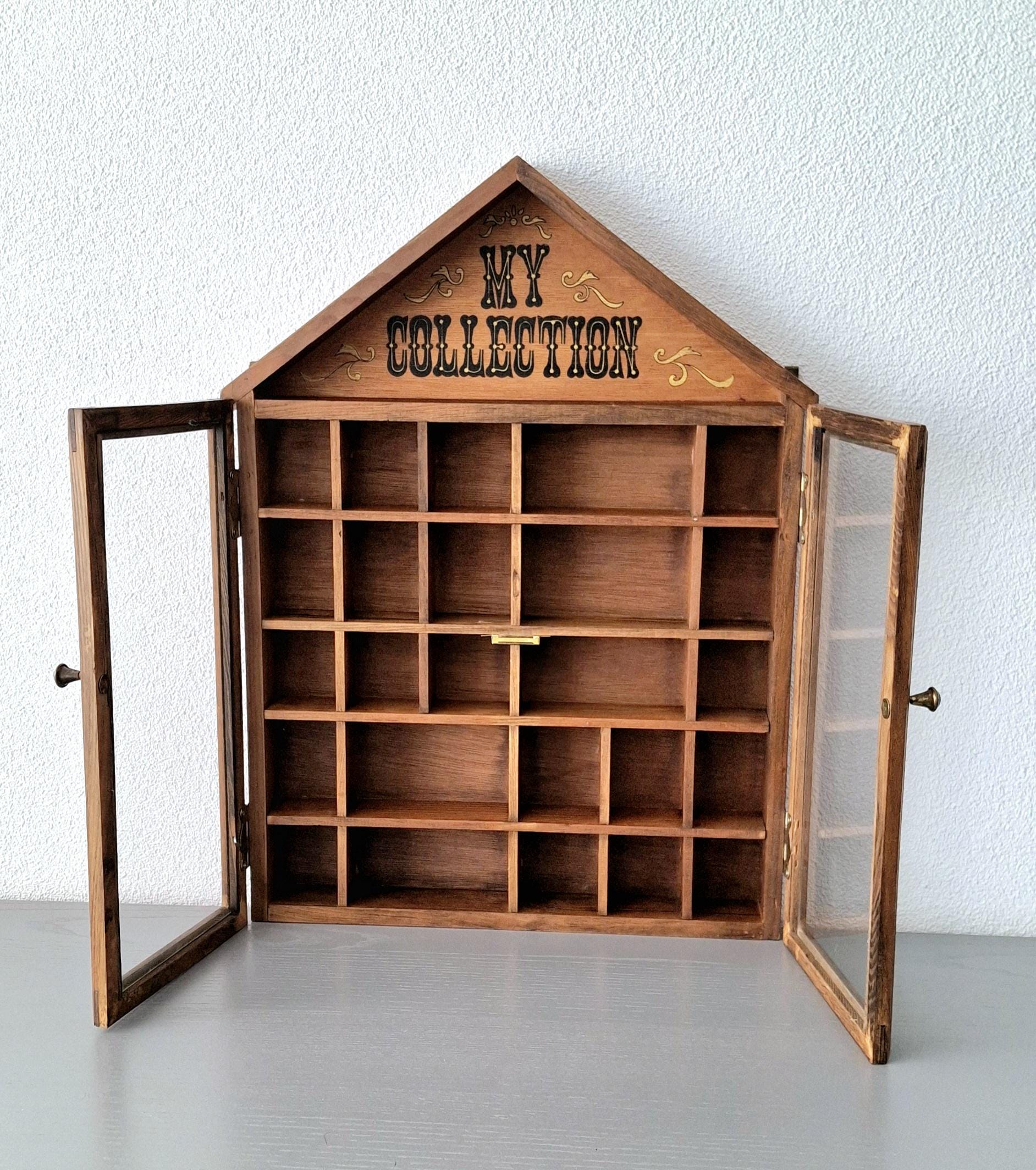 Vintage wooden display cabinet "My Collection", Shelf shadow box, Showcase for miniatures