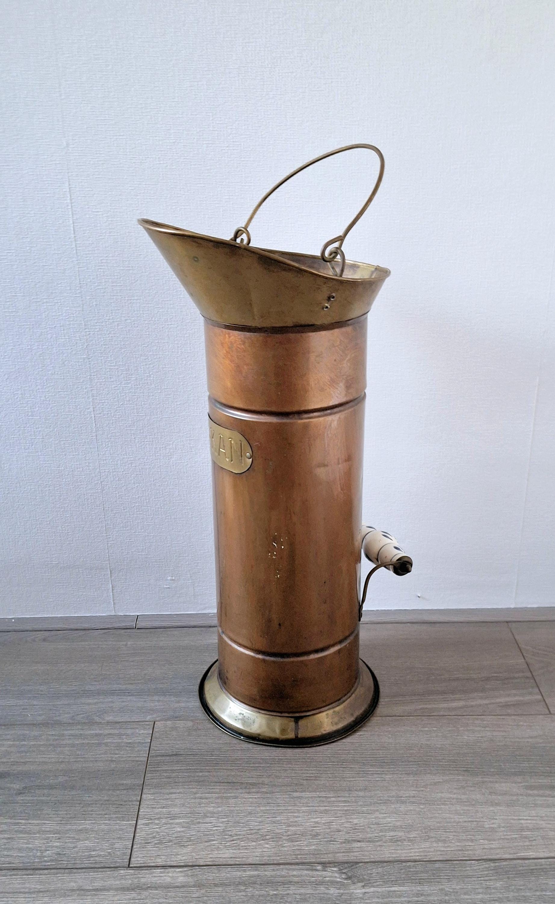 Holland brass umbrella stand, Copper coal scuttle, Vintage fireplace accessory