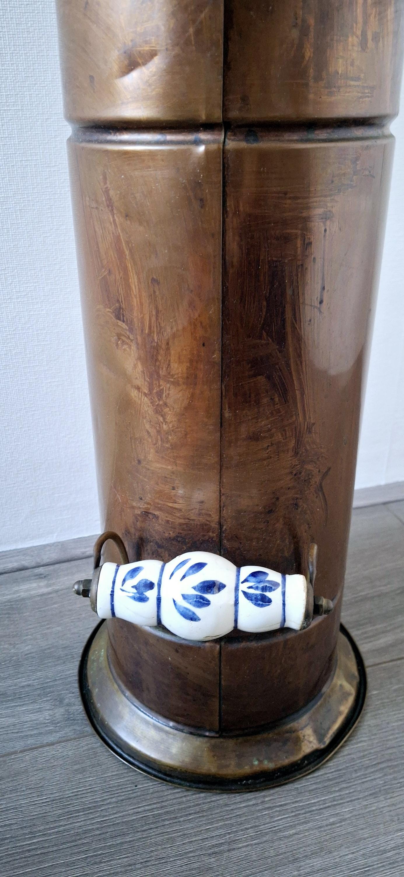 Holland brass umbrella stand, Copper coal scuttle, Vintage fireplace accessory