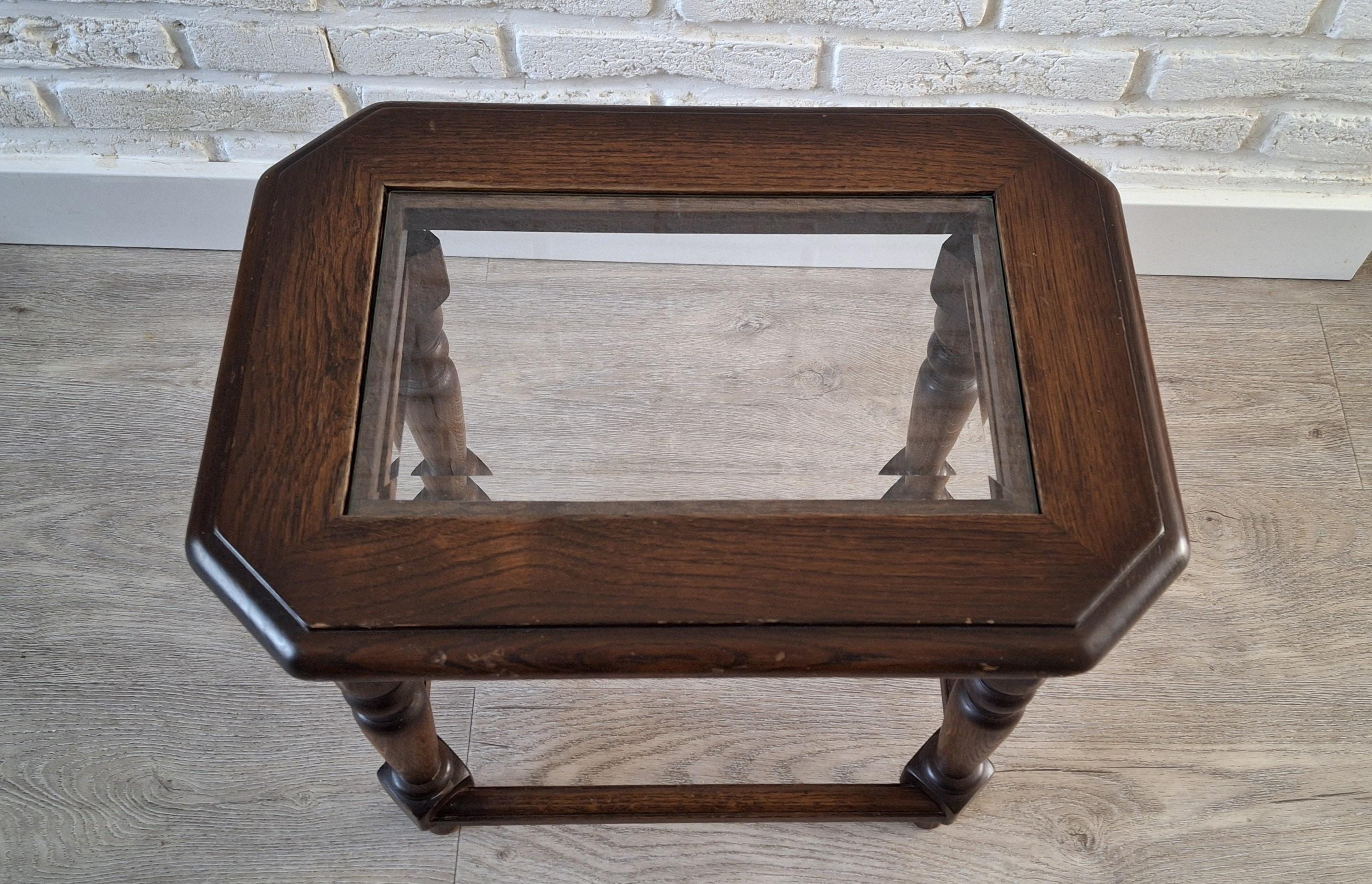 Wooden display table with glass top, Plant table, Rustic small coffee table, bedside table