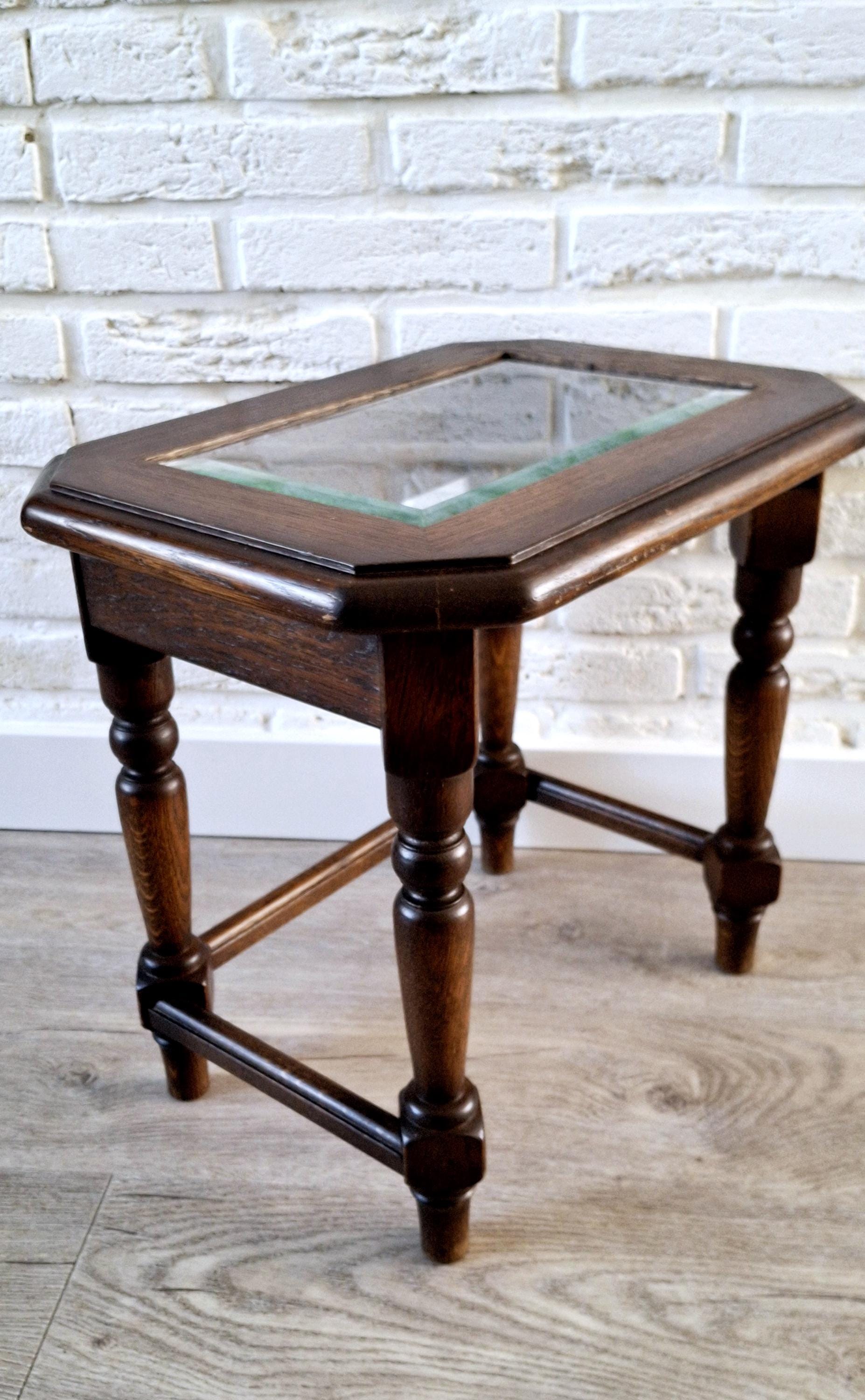 Wooden display table with glass top, Plant table, Rustic small coffee table, bedside table