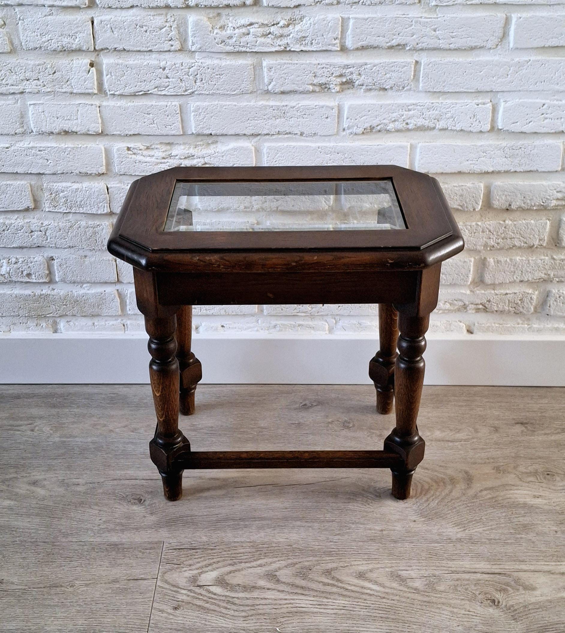 Wooden display table with glass top, Plant table, Rustic small coffee table, bedside table
