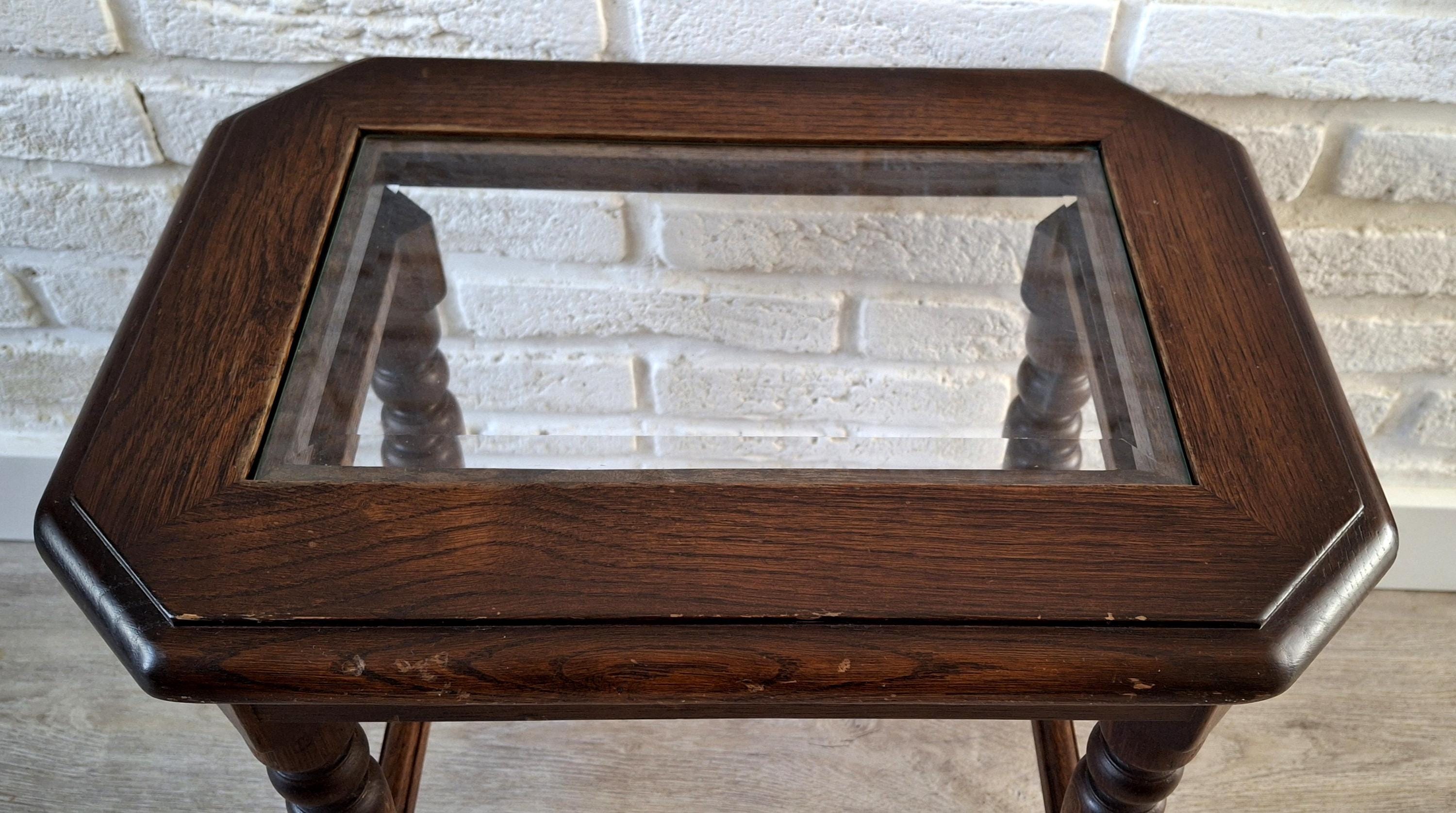 Wooden display table with glass top, Plant table, Rustic small coffee table, bedside table