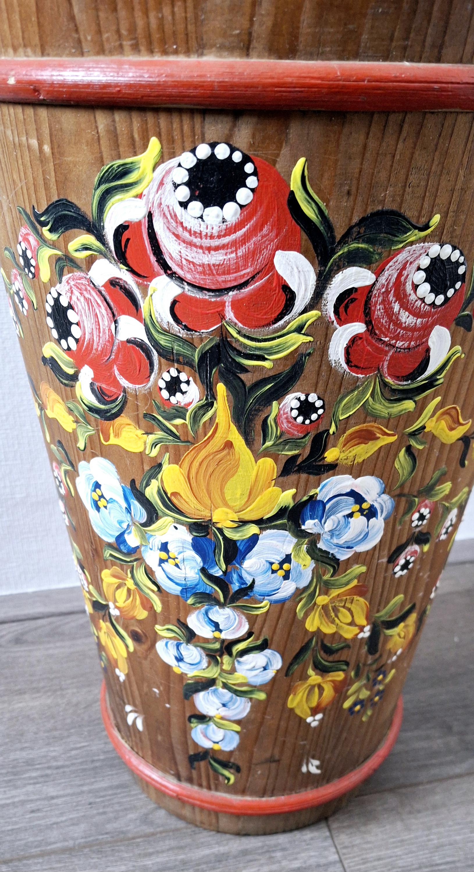 Vintage wooden umbrella stand, Bavarian folk art wall-mount