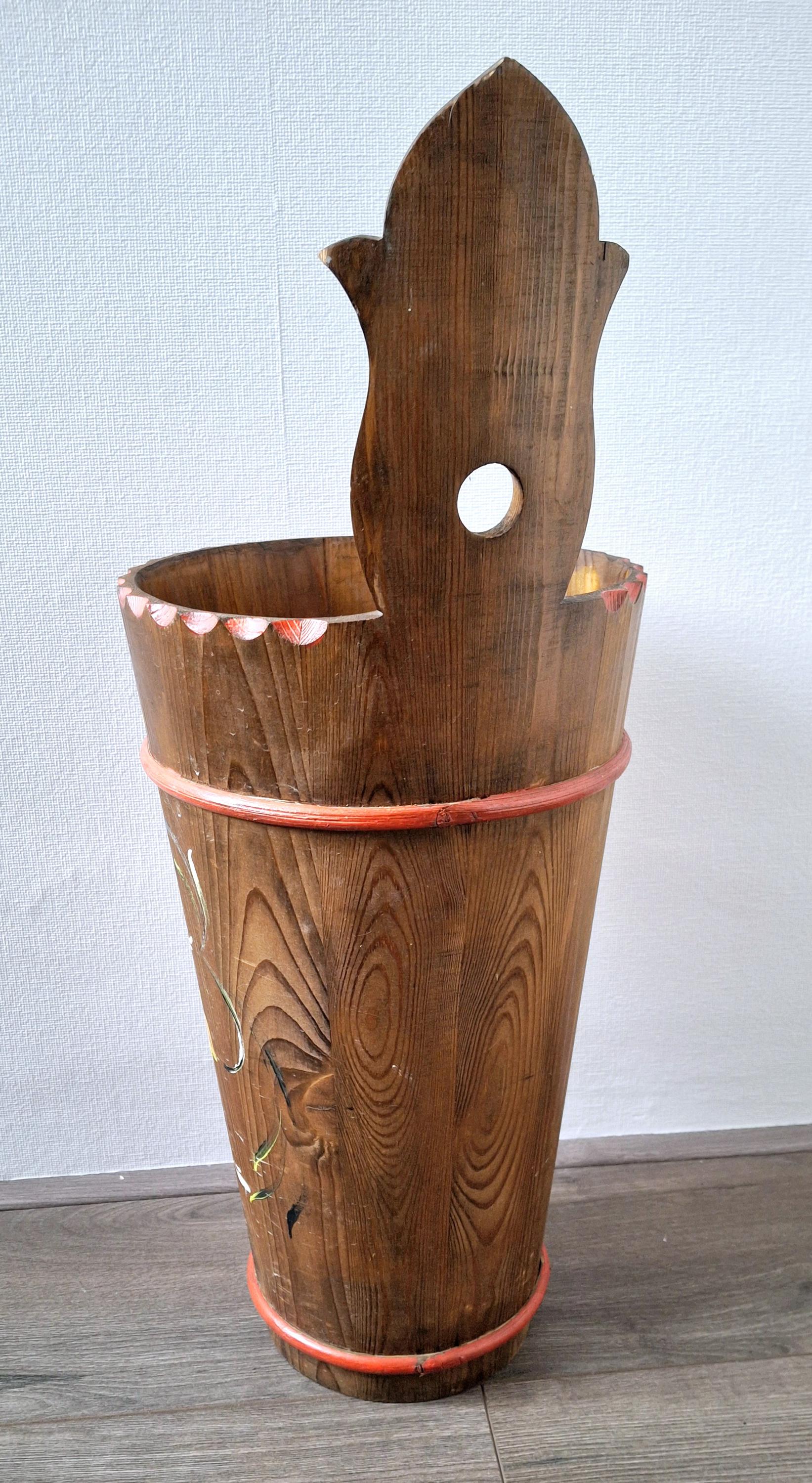 Vintage wooden umbrella stand, Bavarian folk art wall-mount
