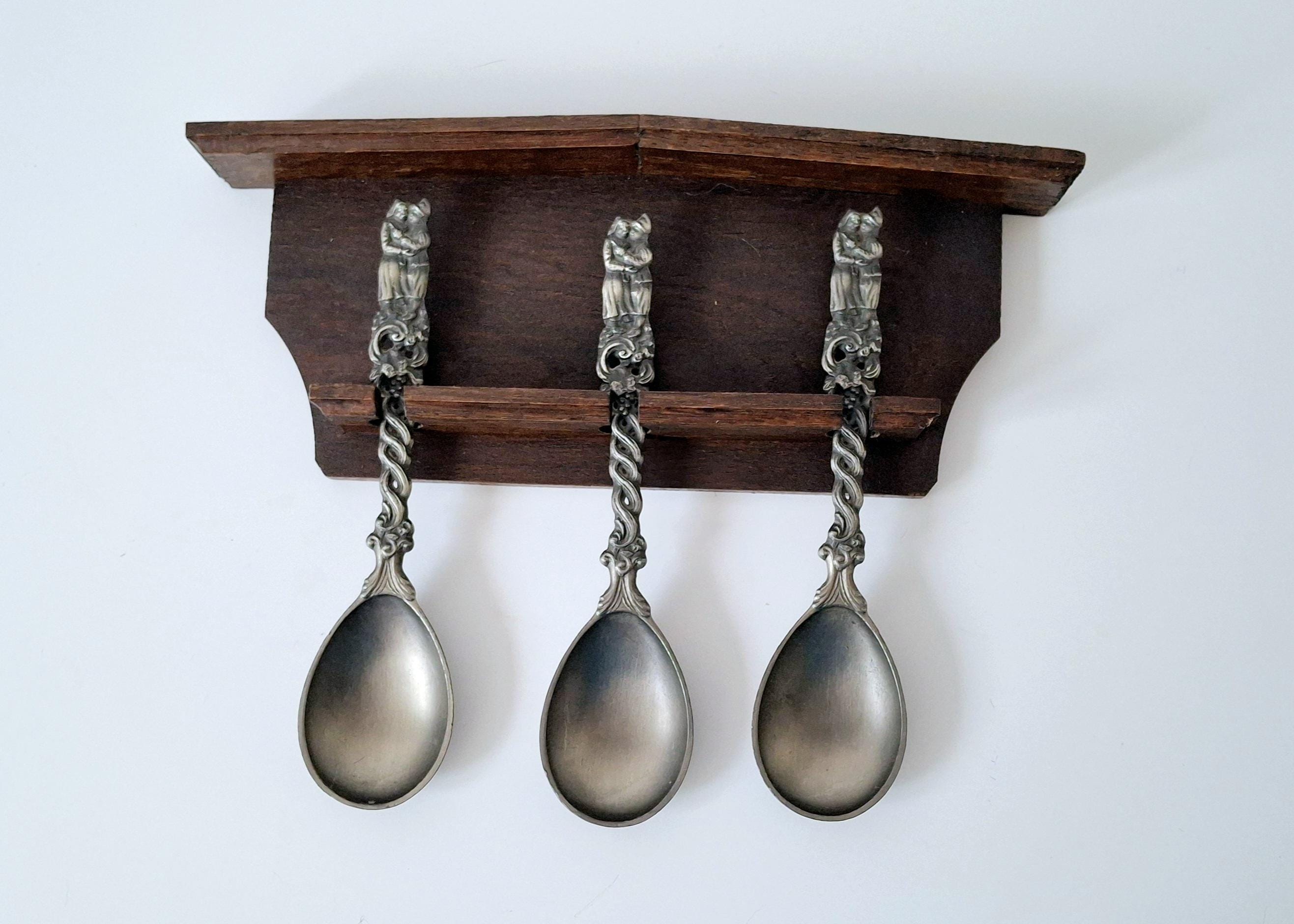 Dutch pewter spoon set with wooden wall mount, Kitchen decor