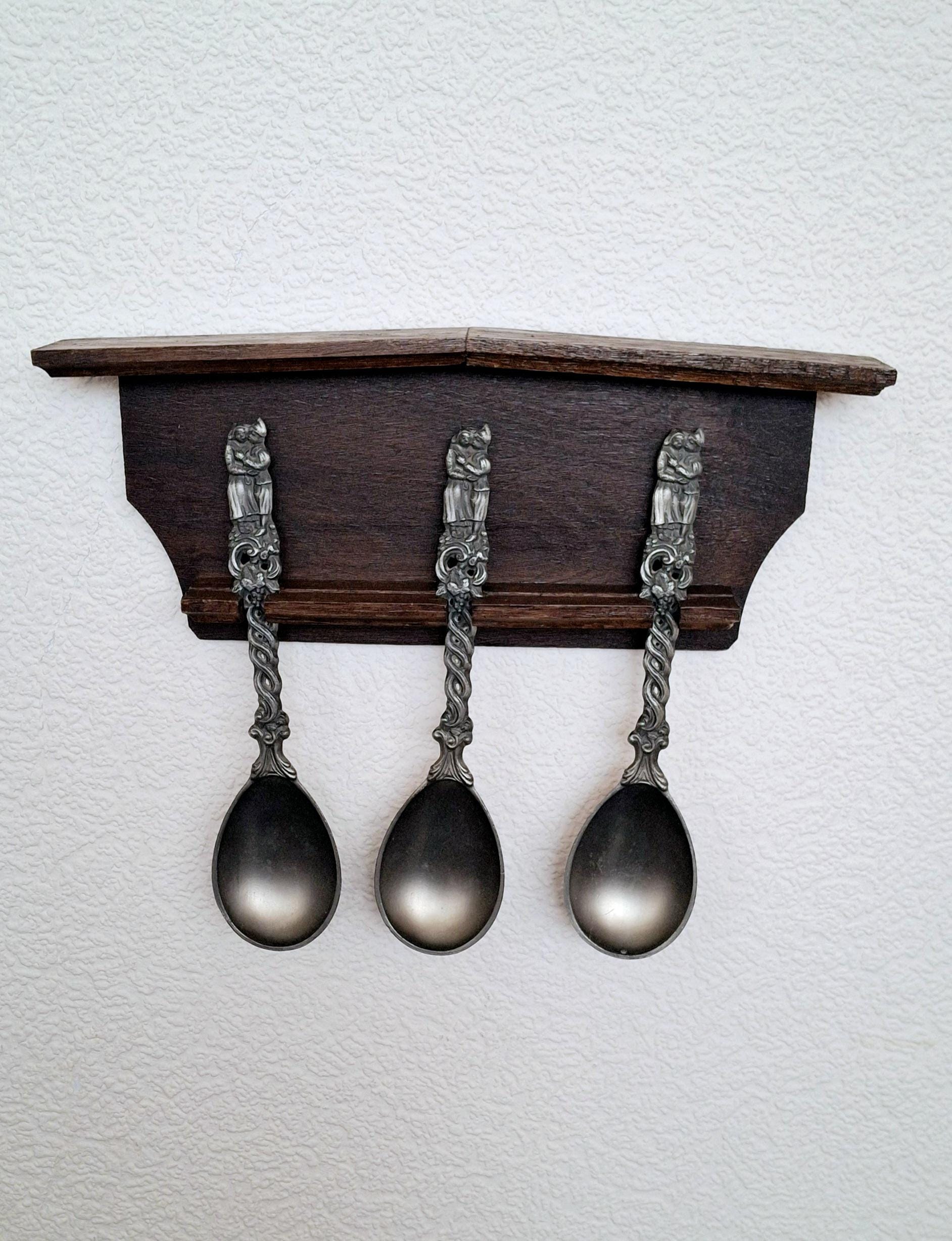 Dutch pewter spoon set with wooden wall mount, Kitchen decor