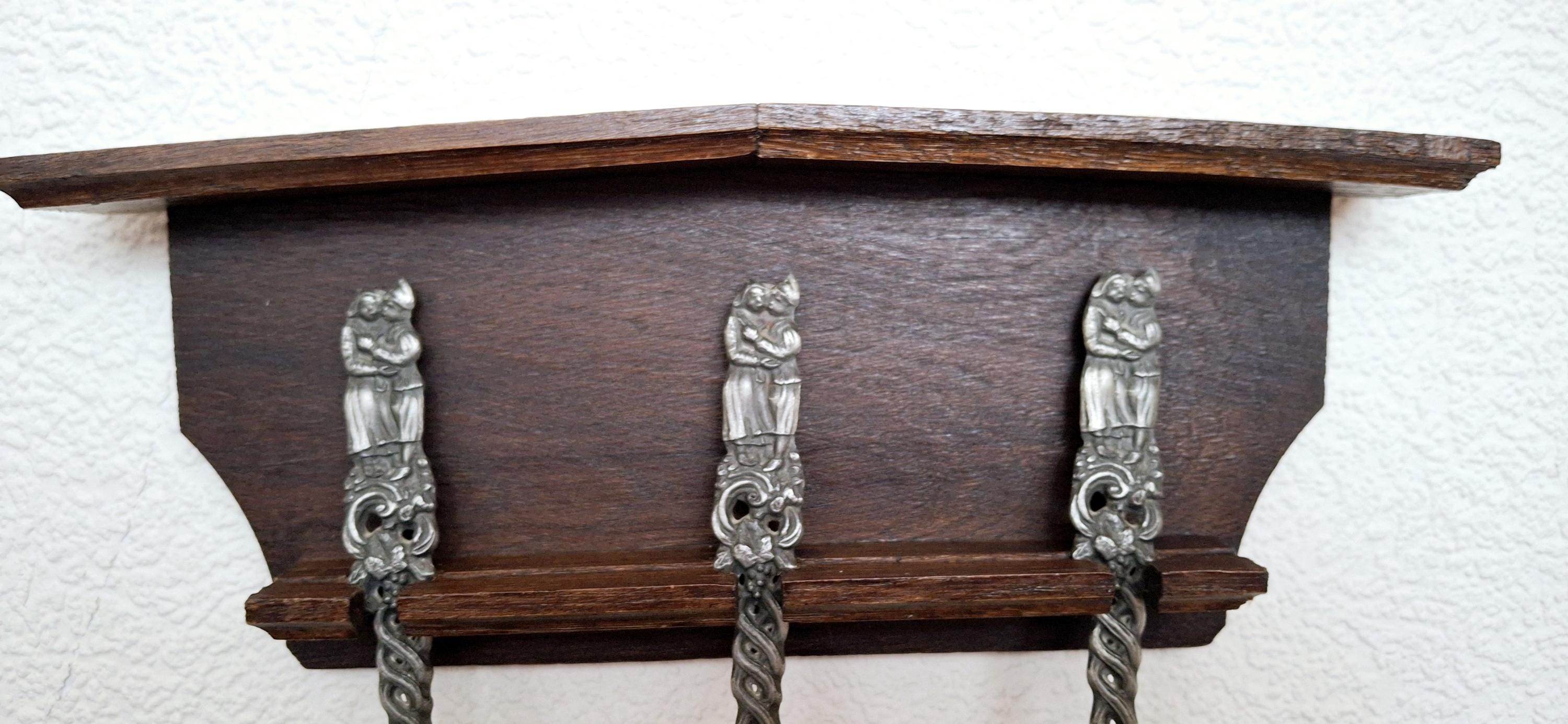 Dutch pewter spoon set with wooden wall mount, Kitchen decor