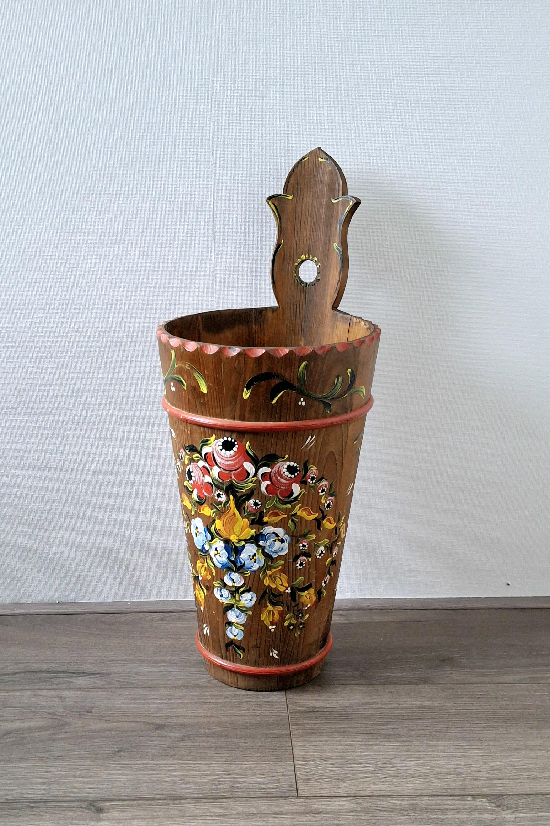 Vintage wooden umbrella stand, Bavarian folk art wall-mount
