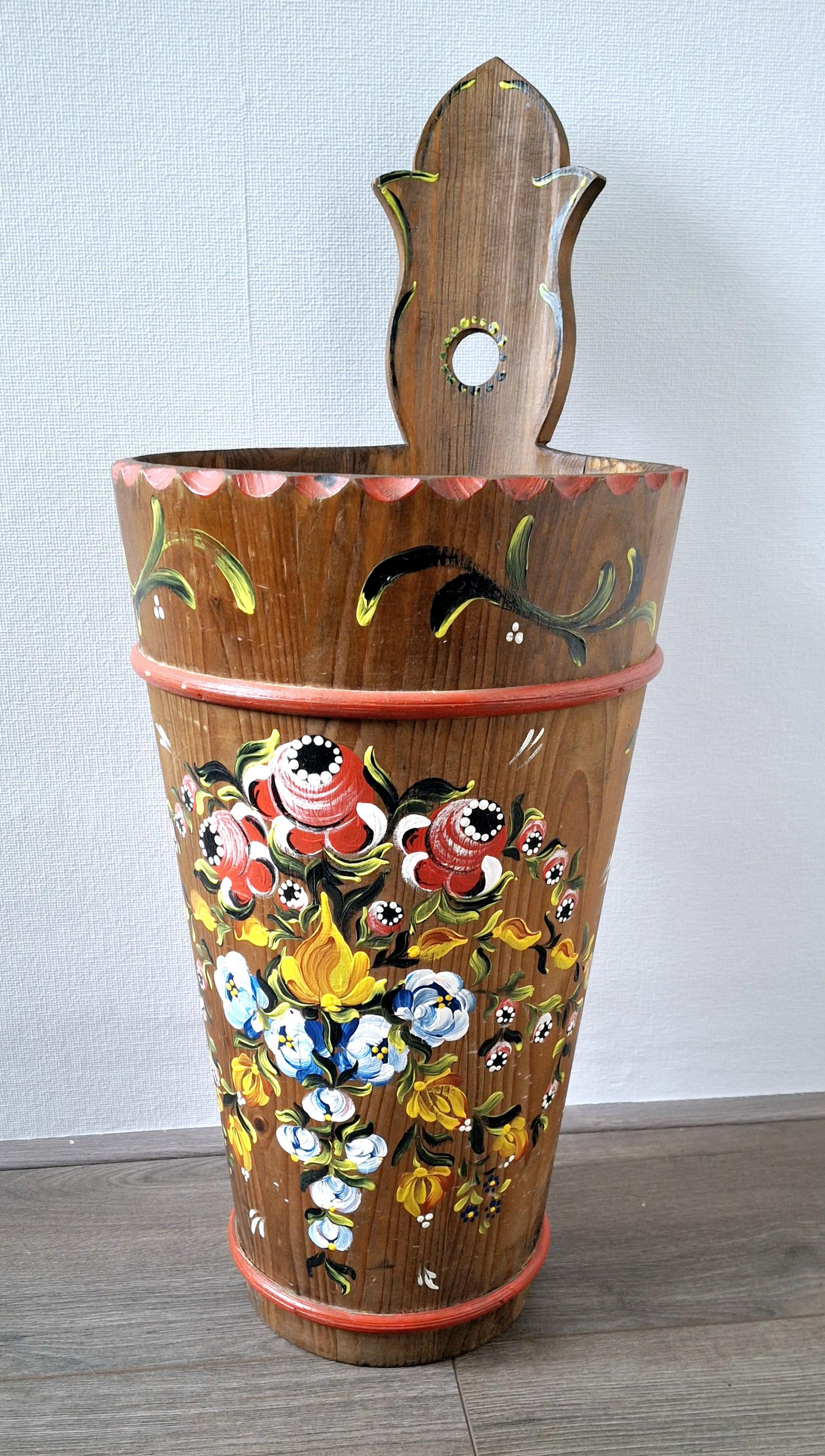 Vintage wooden umbrella stand, Bavarian folk art wall-mount