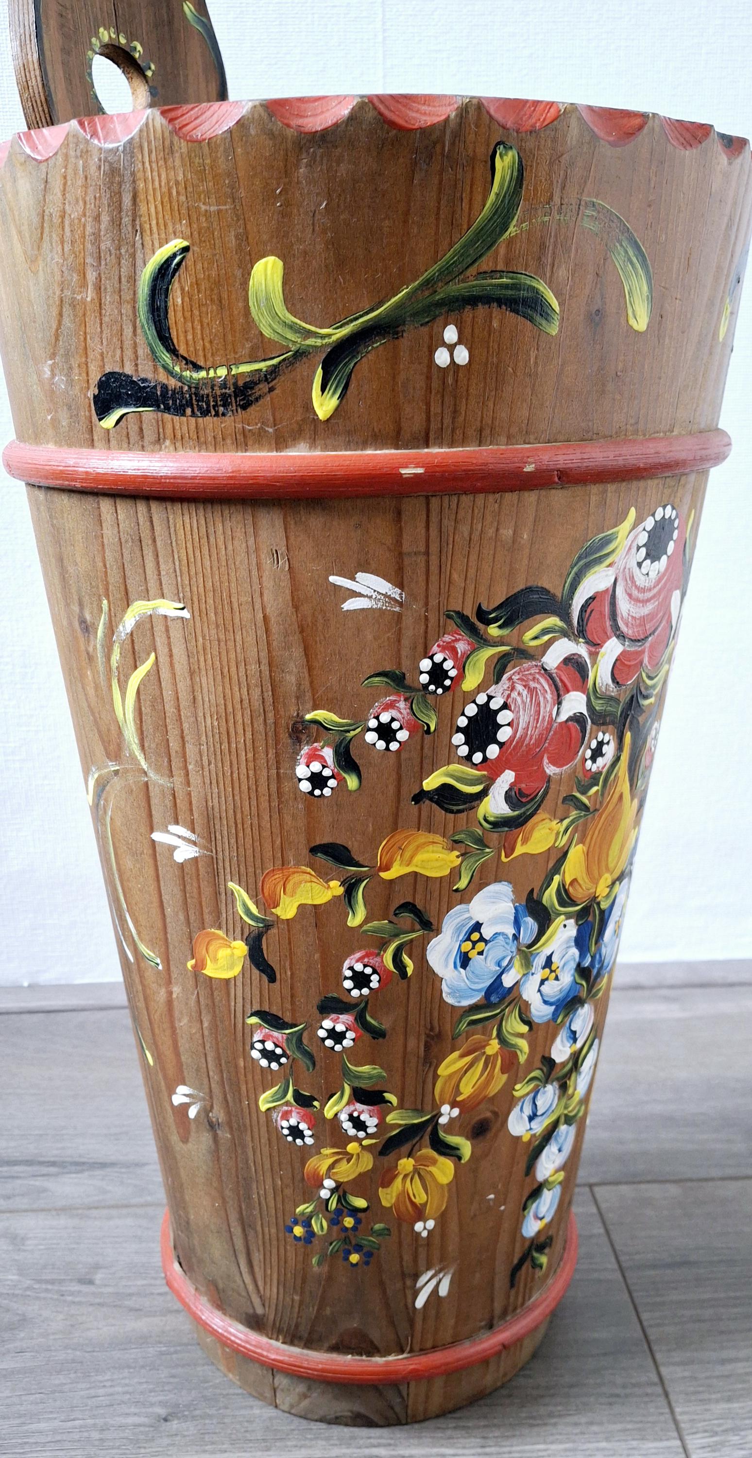 Vintage wooden umbrella stand, Bavarian folk art wall-mount