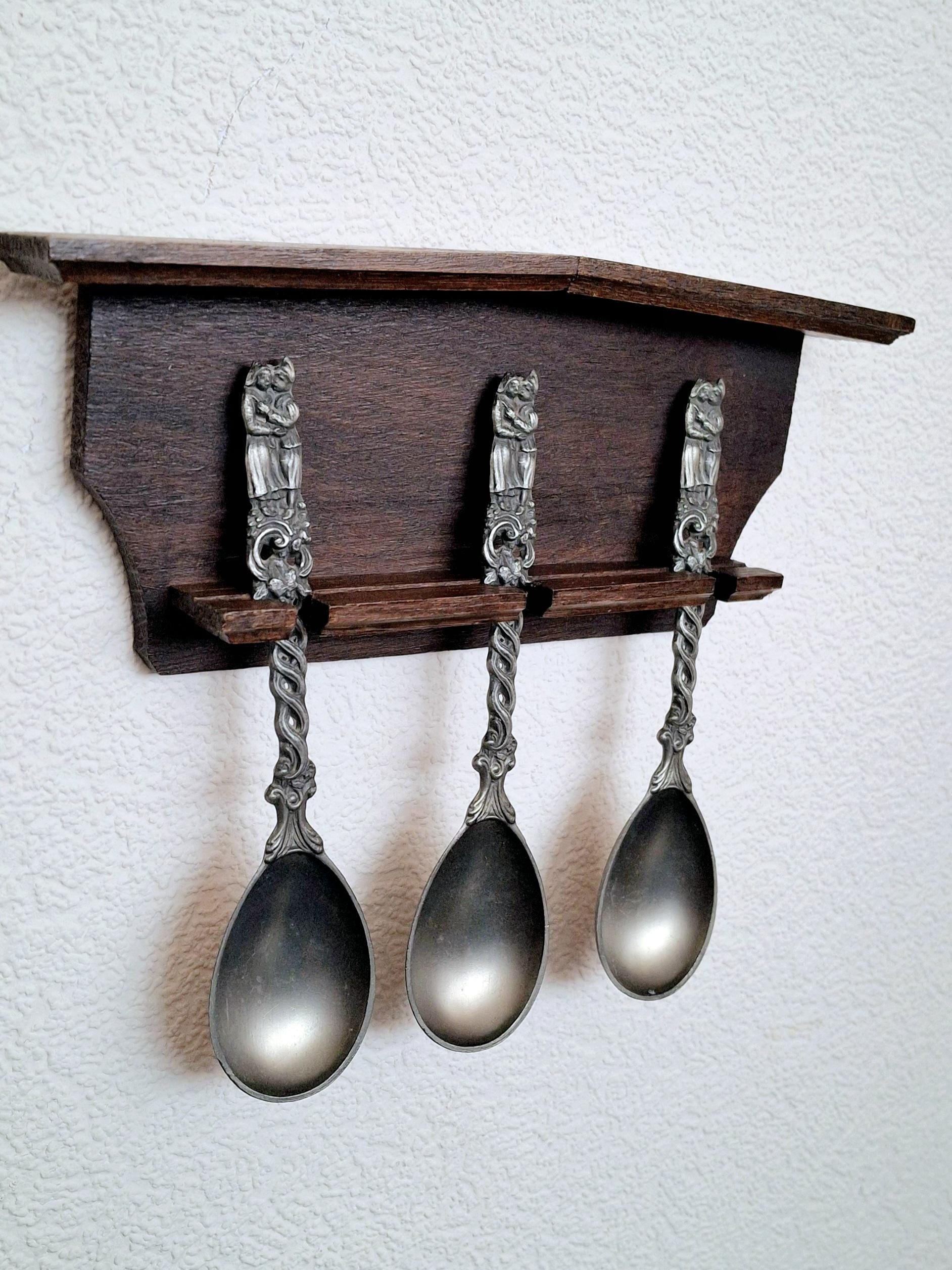 Dutch pewter spoon set with wooden wall mount, Kitchen decor