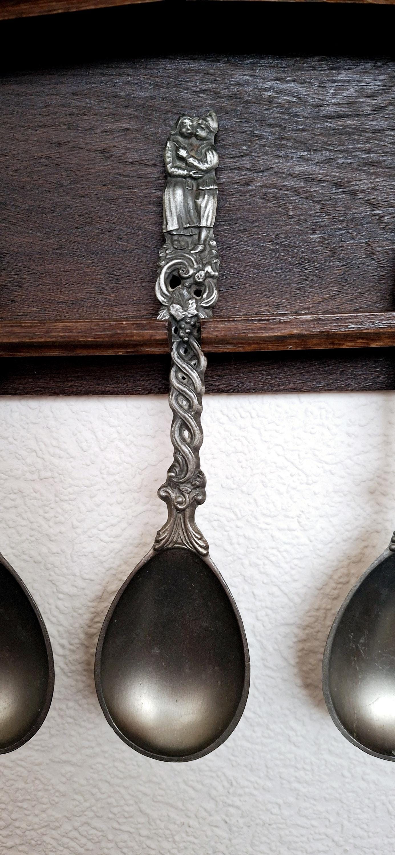 Dutch pewter spoon set with wooden wall mount, Kitchen decor