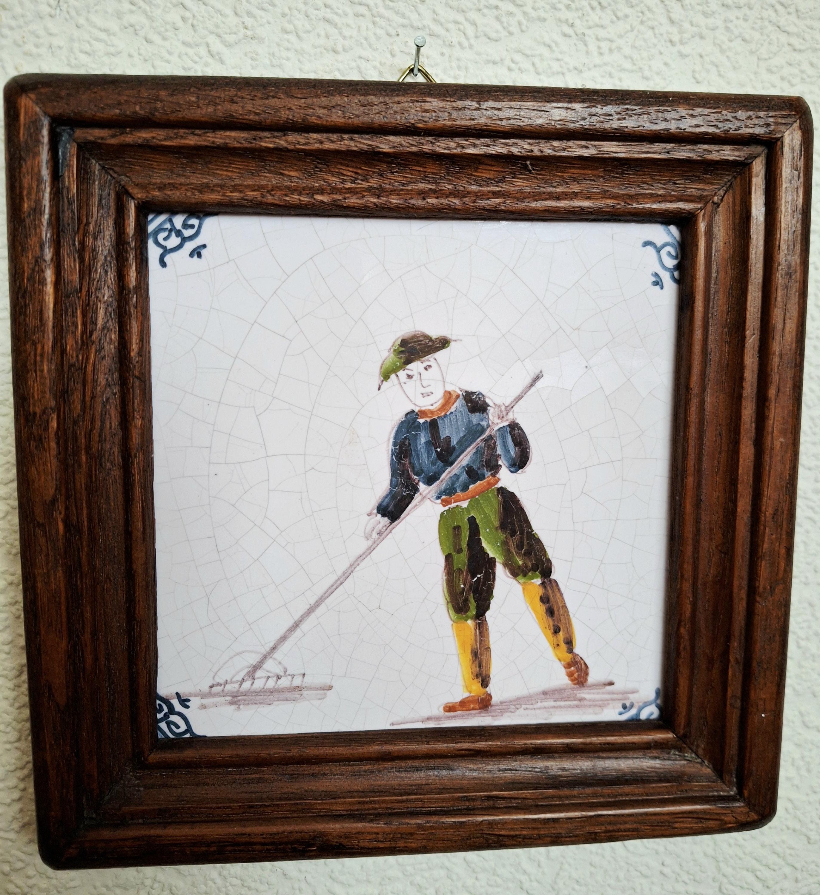 Dutch polychrome tiles from the mid-20th, Delft ceramic tile, Fisherman, Woman with basket, Man with a rake