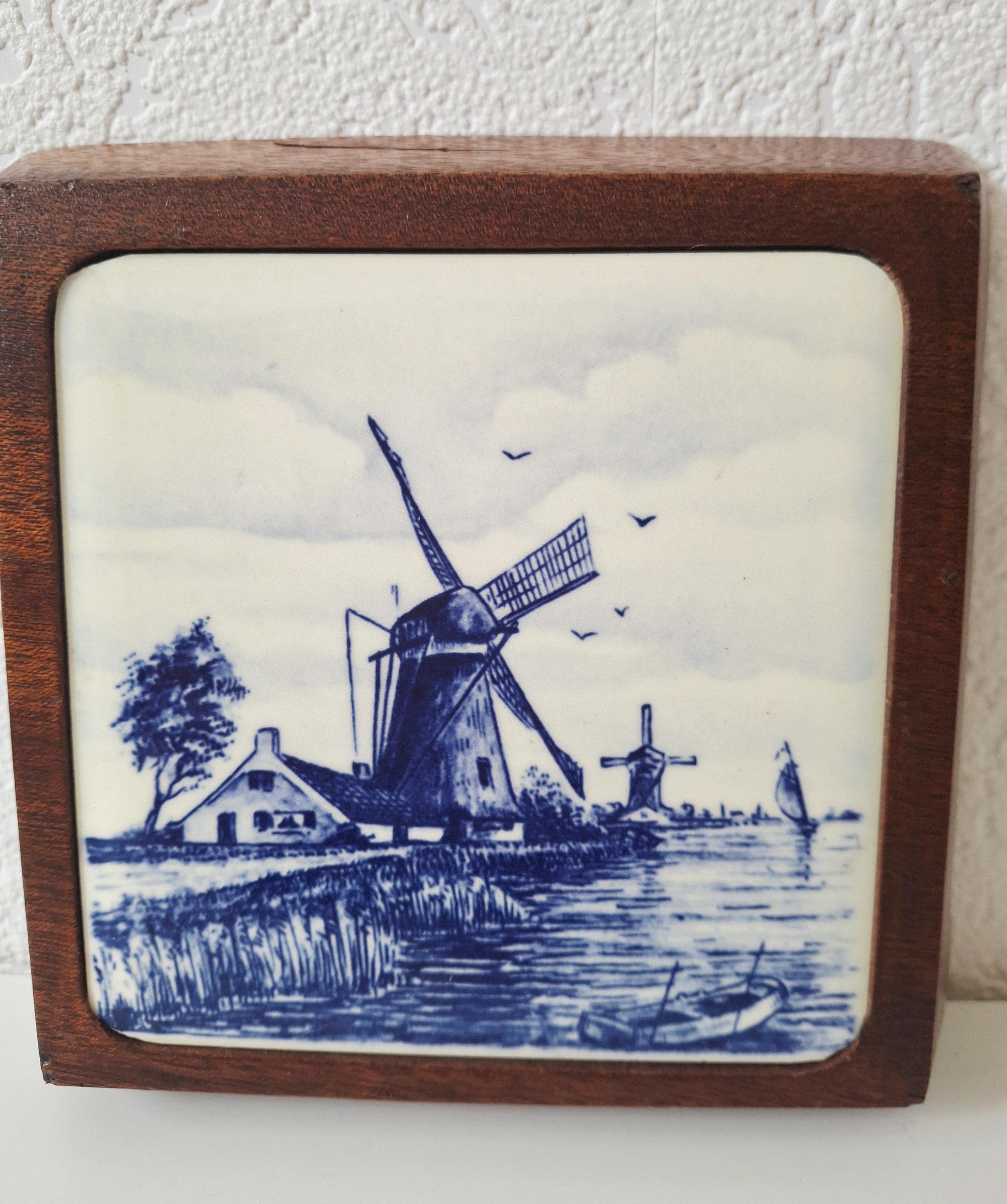 Dutch wooden cheese board with Delft tile insert, Windmill tile wall hanging trivet