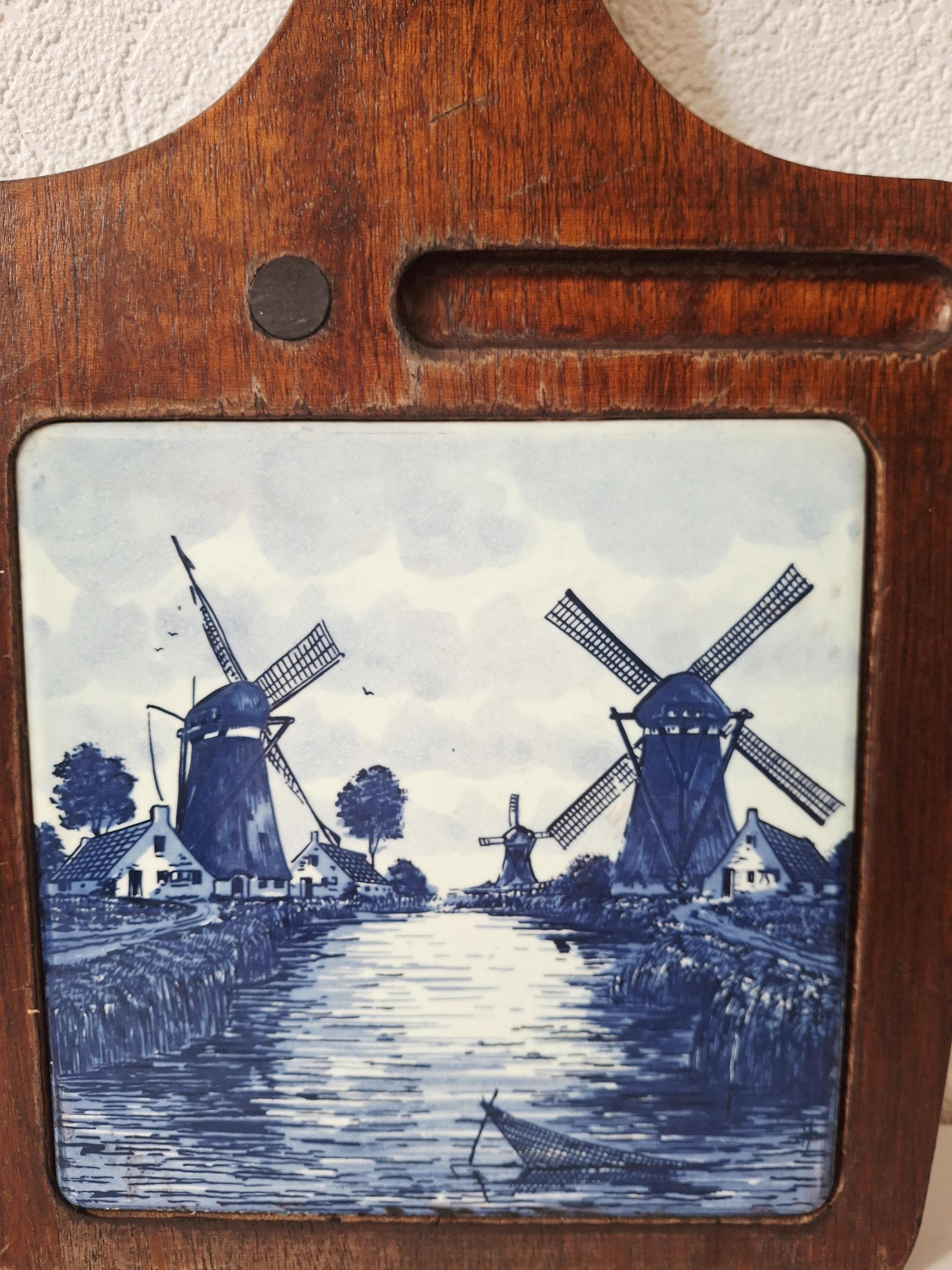 Dutch wooden cheese board with Delft tile insert, Windmill tile wall hanging trivet