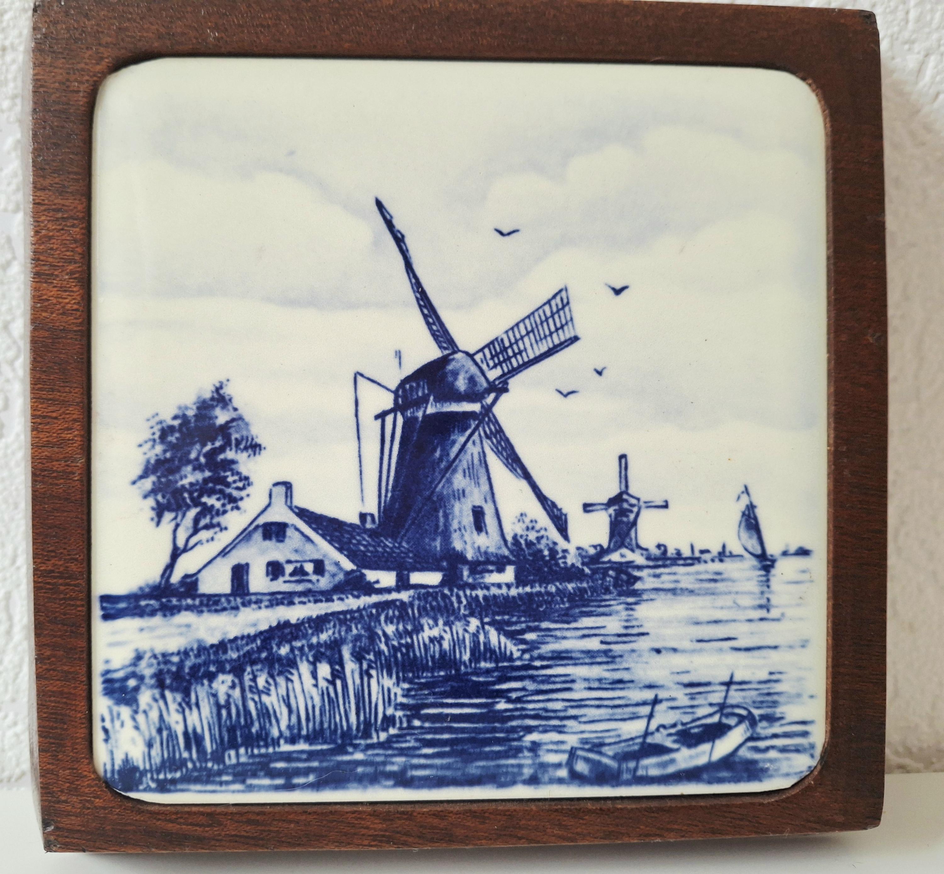 Dutch wooden cheese board with Delft tile insert, Windmill tile wall hanging trivet