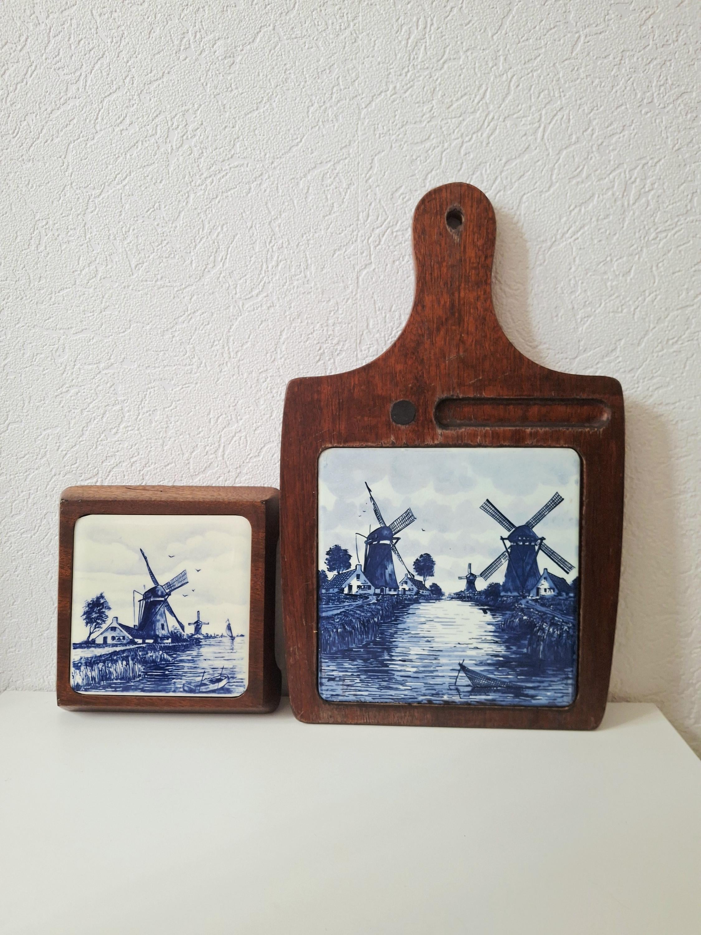 Dutch wooden cheese board with Delft tile insert, Windmill tile wall hanging trivet