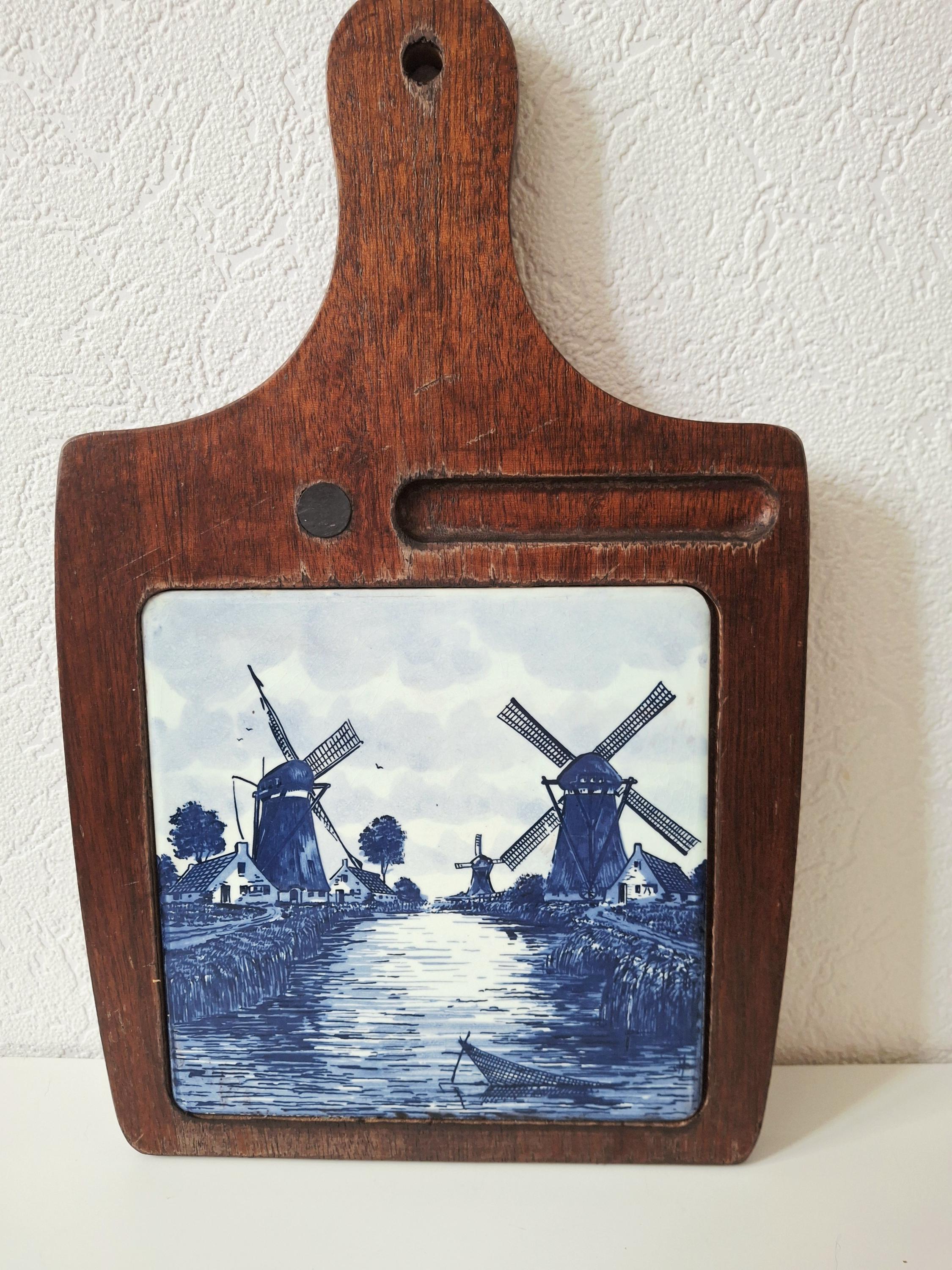 Dutch wooden cheese board with Delft tile insert, Windmill tile wall hanging trivet