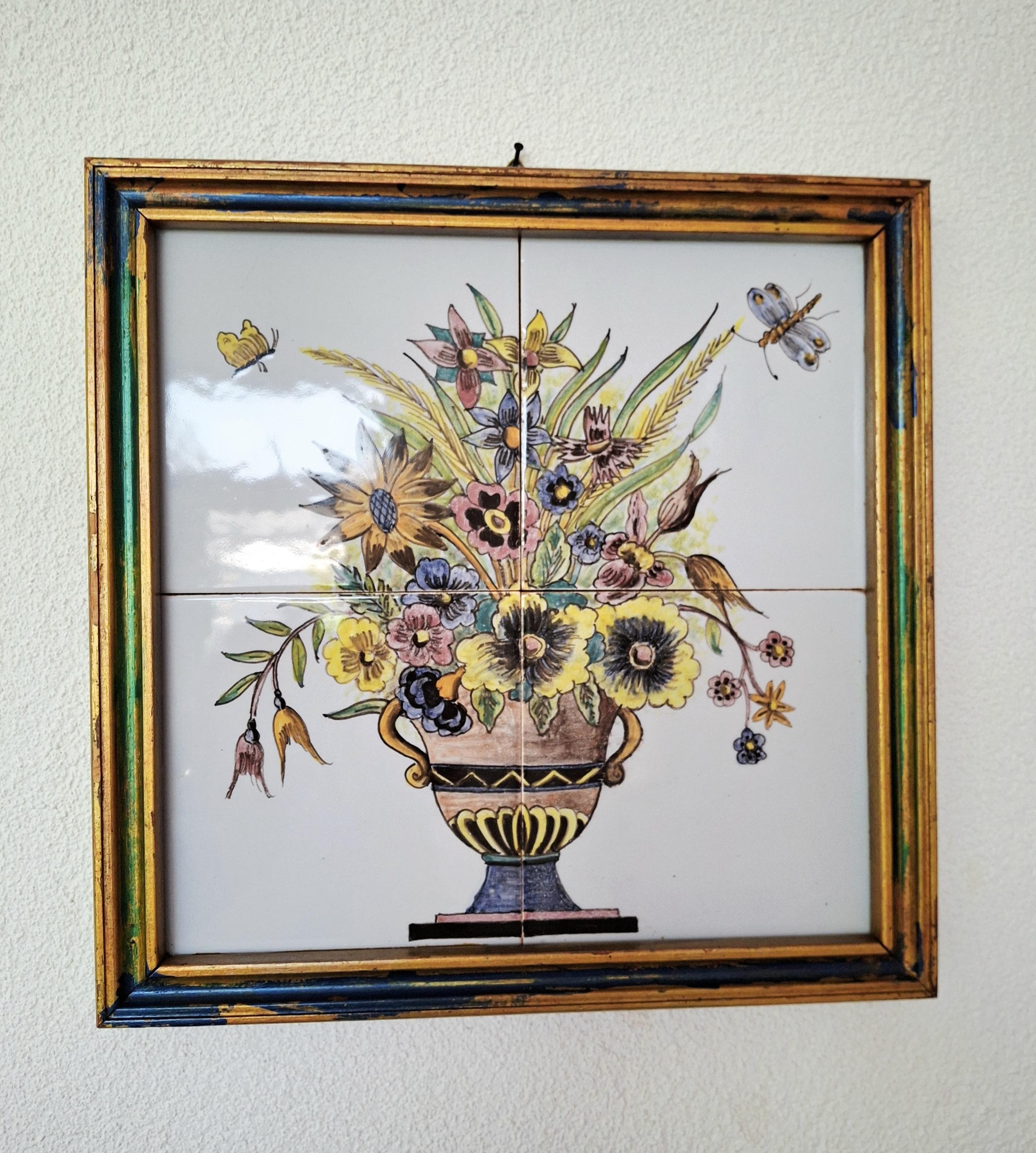 Delft tile panel, 4 tile tableau flowers in vase pot, Delft polychrome flower pot