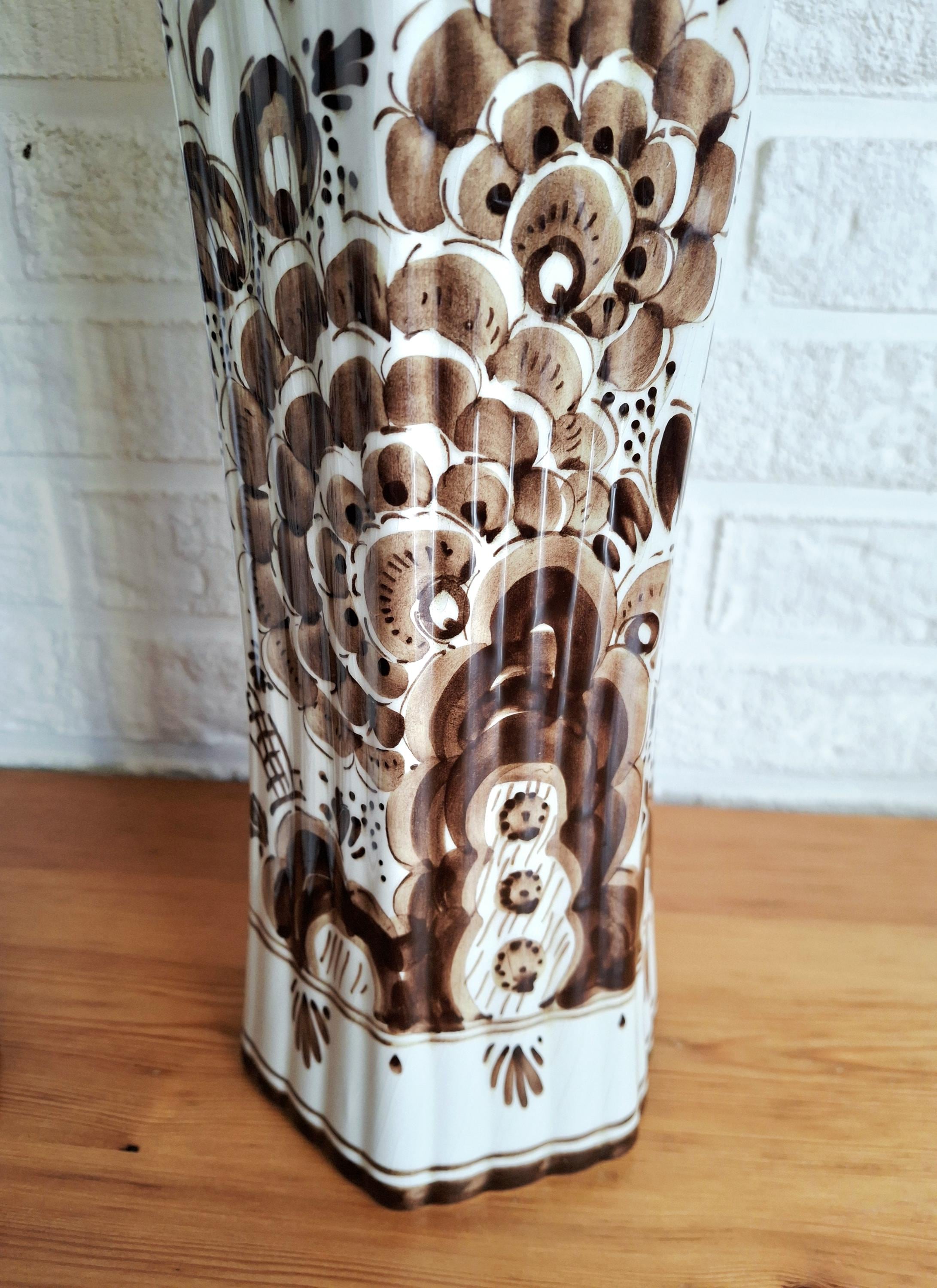 Pair of hand painted Gouda Plateel Holland Vases, Floral design, 31 cm