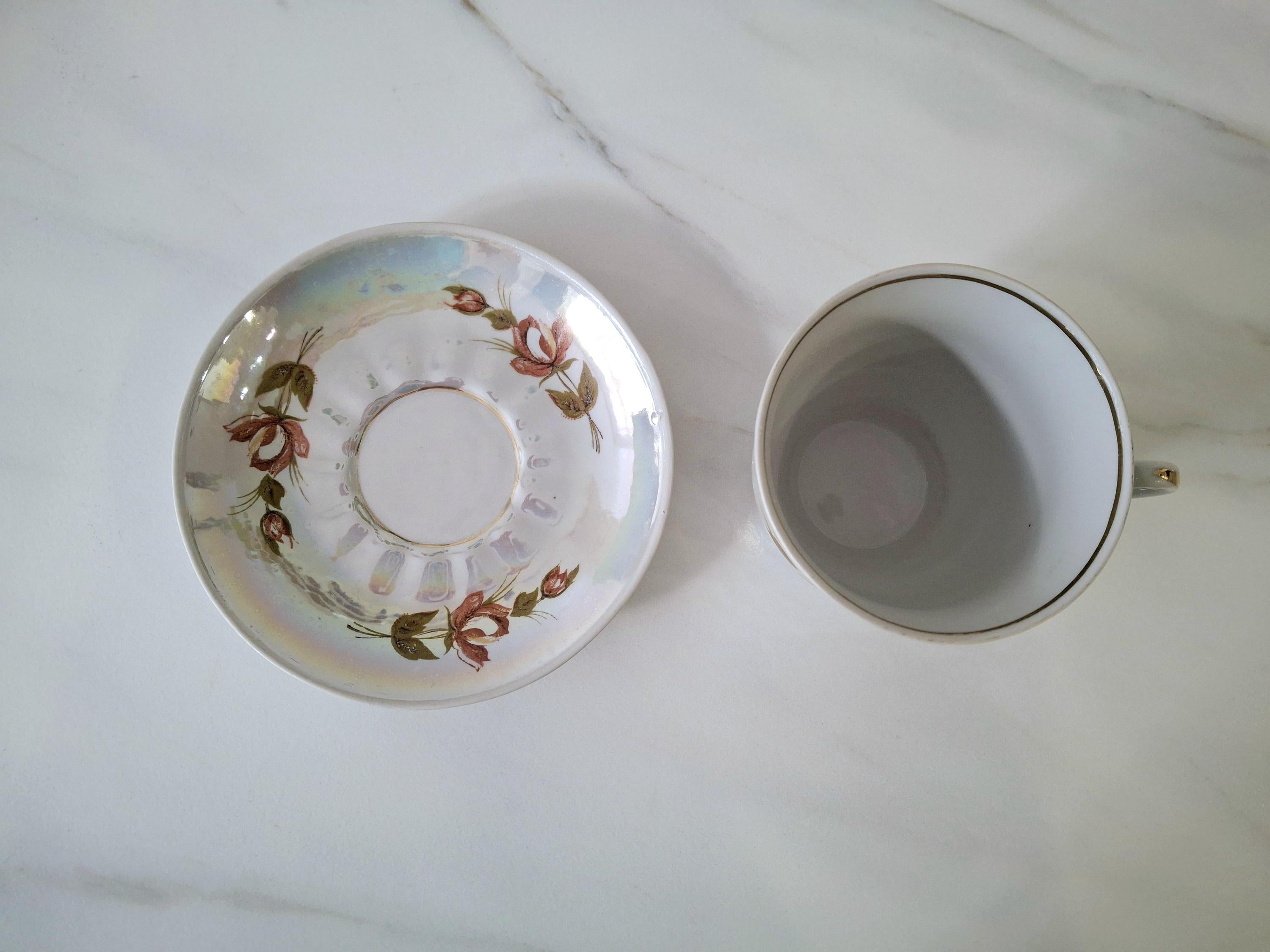 Vintage Baranivka porcelain tea set with gold trim and pearl glaze, Set for 12 person