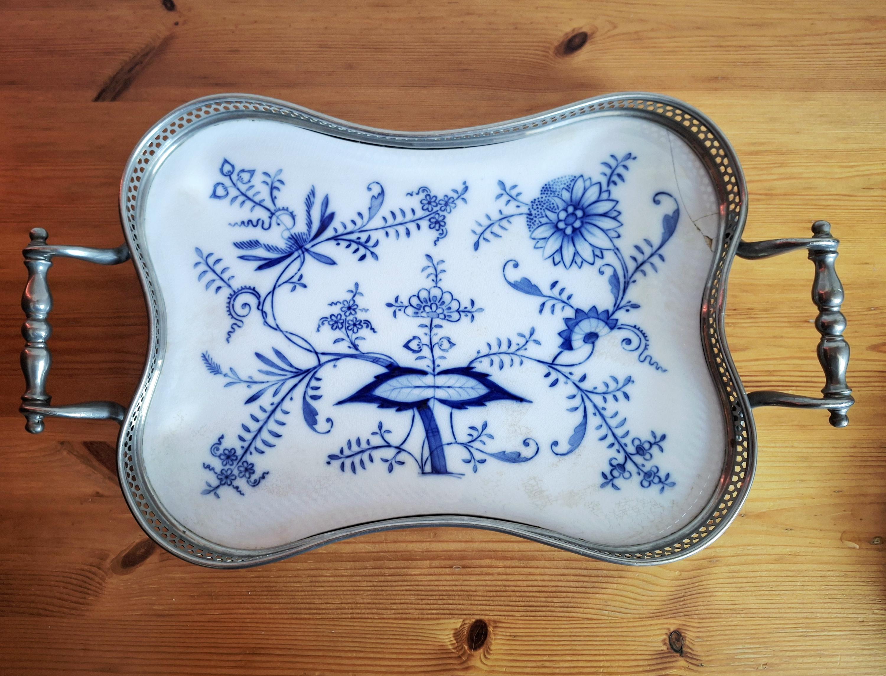 Vintage Delft Blue style porcelain and metal serving tray