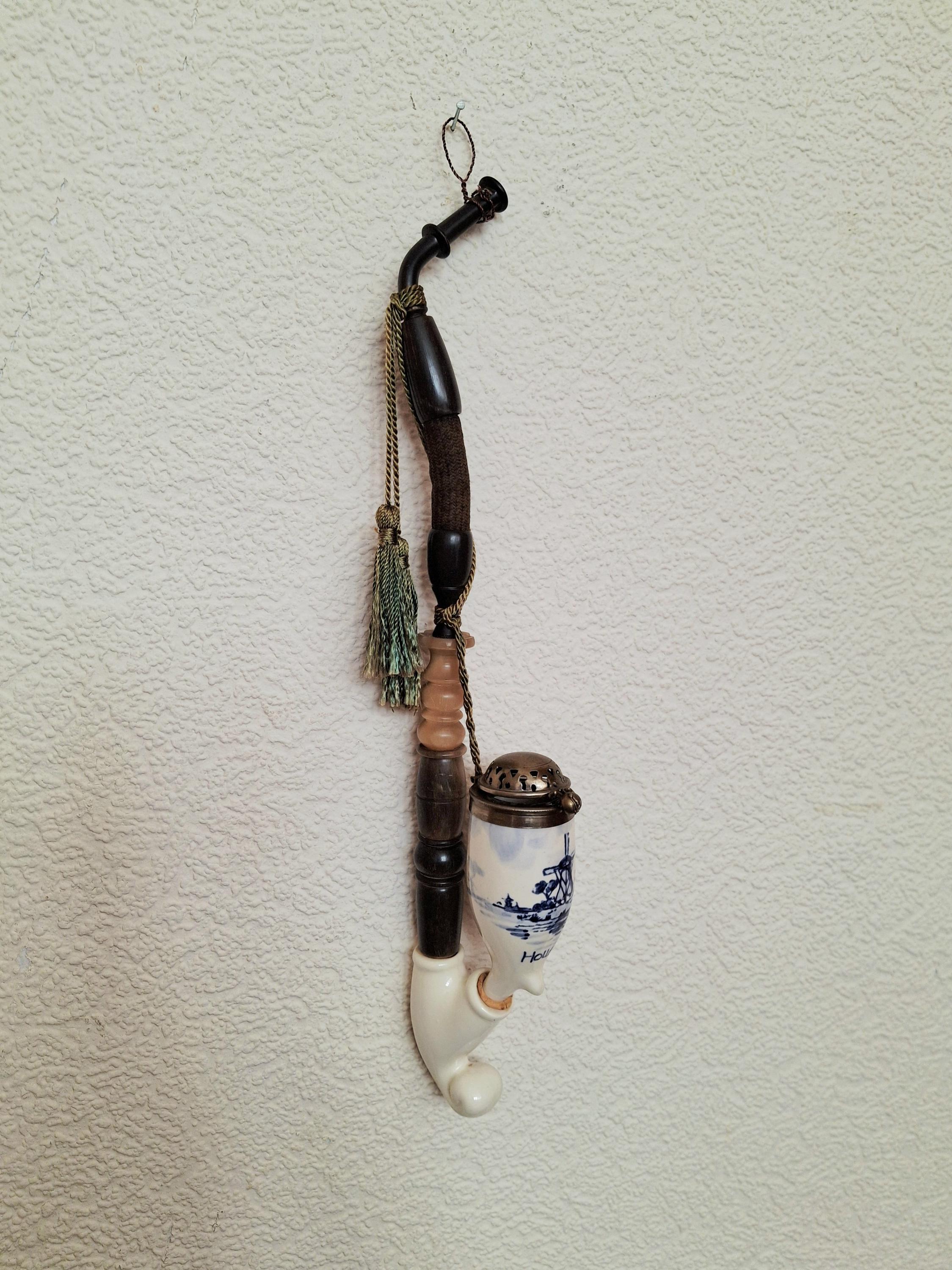 Dutch porcelain pipe with Delft Blue bowl and brass lid, Collectible Tobacco Pipe