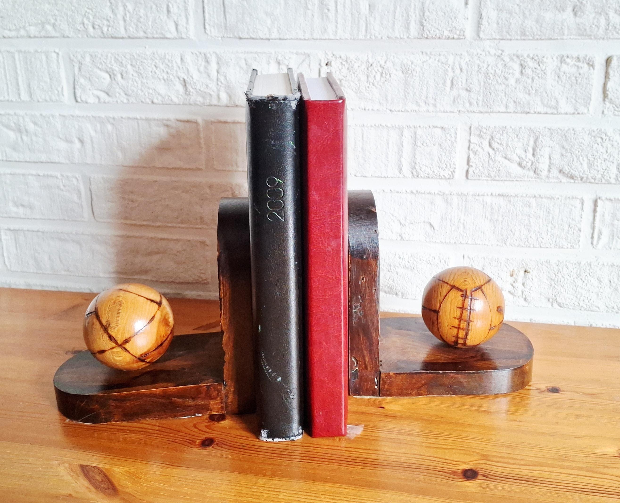 A Pair of oak bookends, Art deco bookends ball, Dutch wooden bookends with spheres
