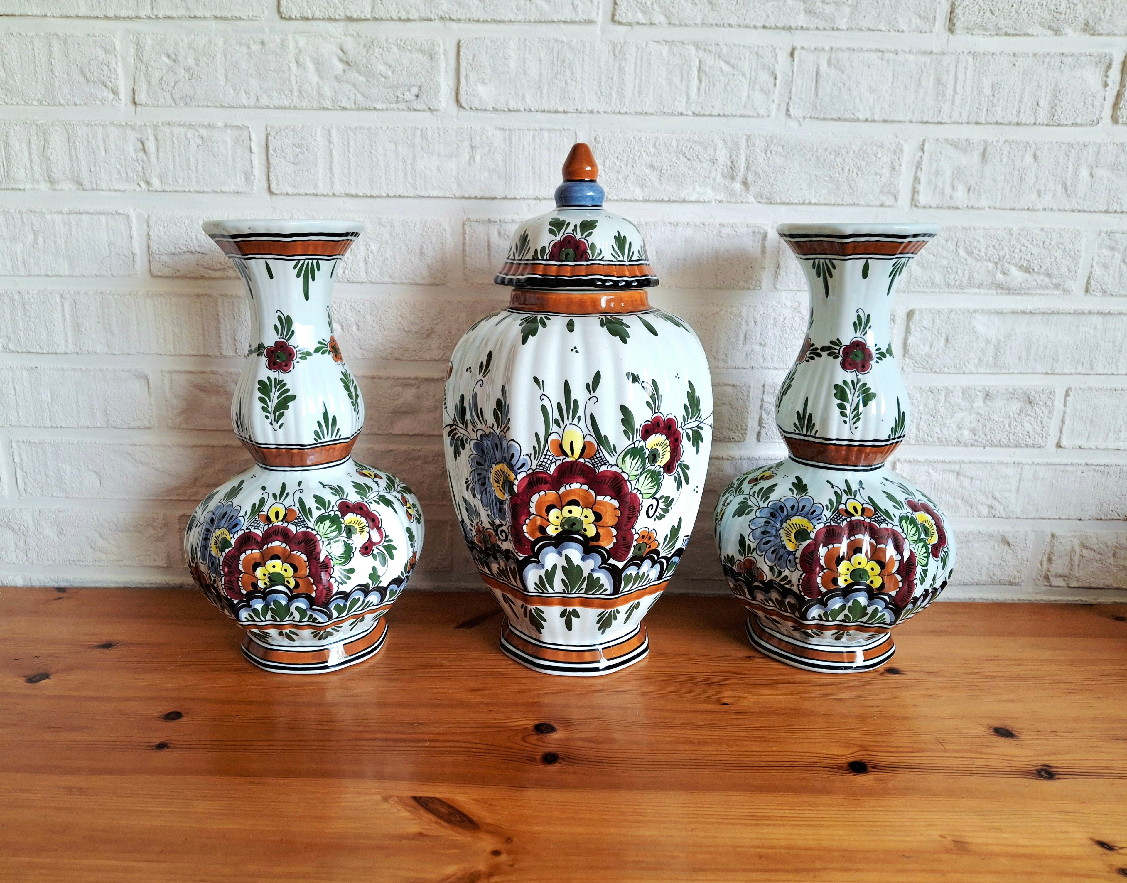 Royal Delft Polychrome hand-painted garniture set, De Porceleyne Fles, Holland