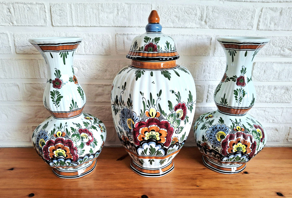 Royal Delft Polychrome hand-painted garniture set, De Porceleyne Fles, Holland