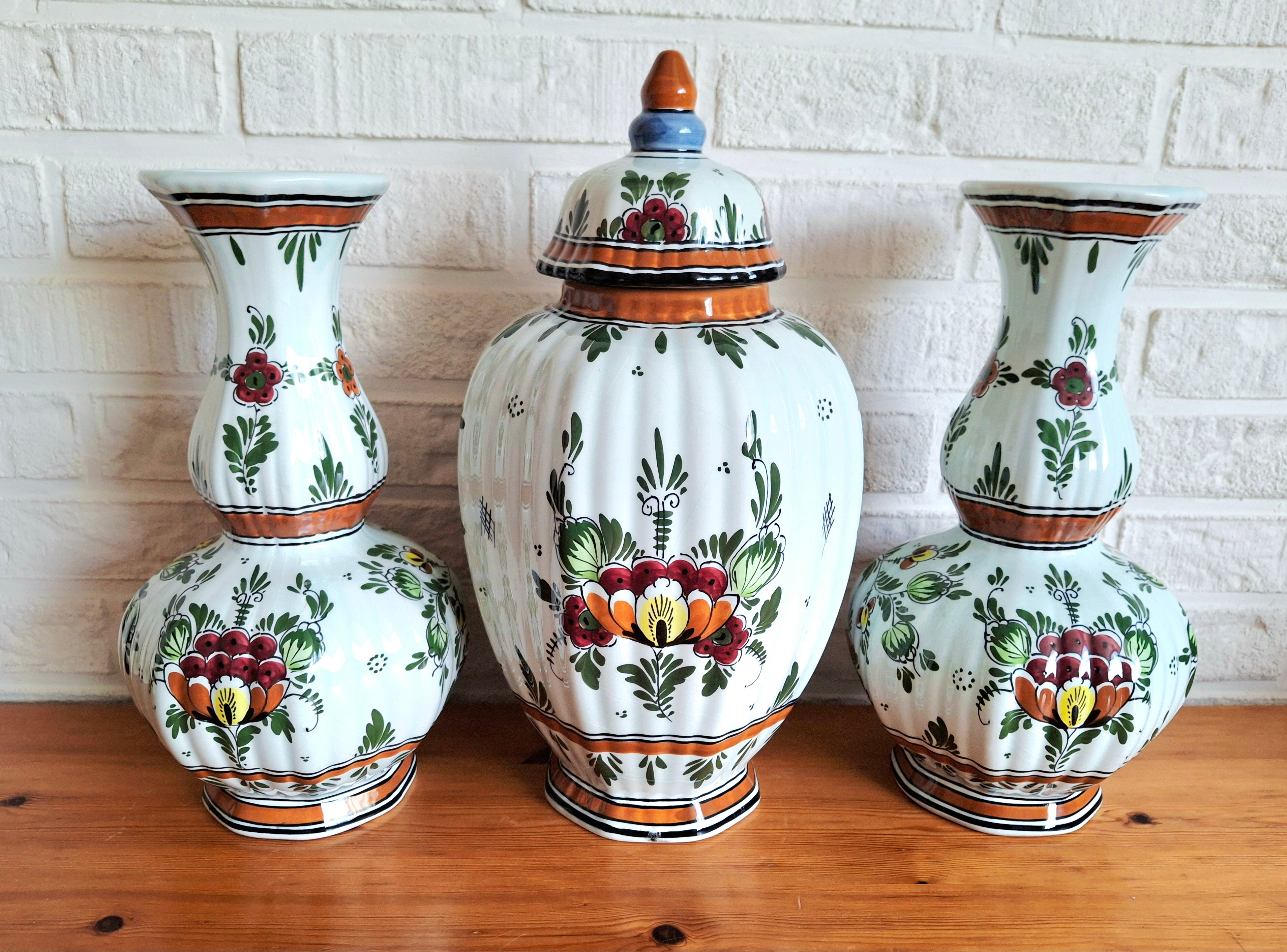 Royal Delft Polychrome hand-painted garniture set, De Porceleyne Fles, Holland
