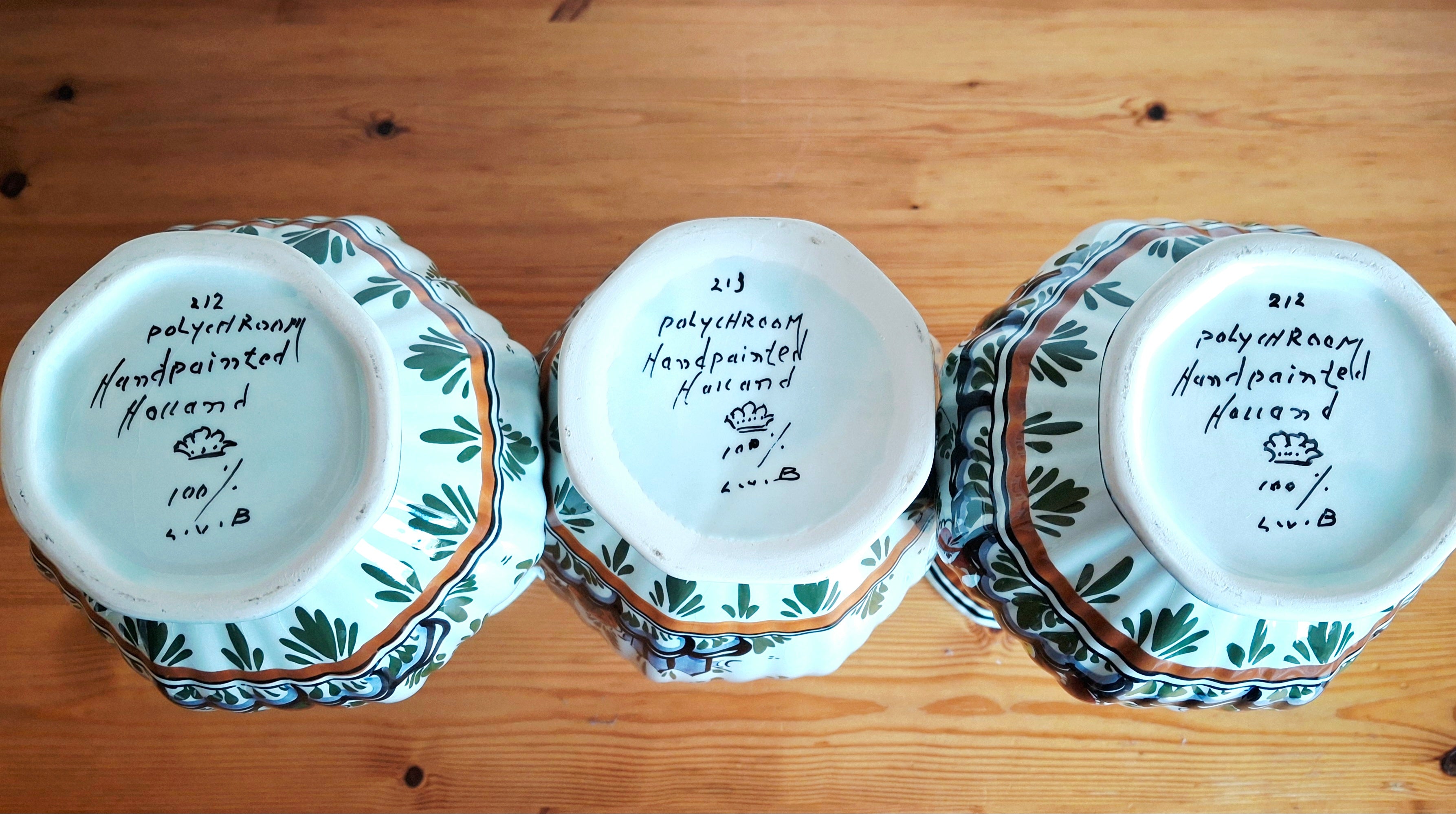 Royal Delft Polychrome hand-painted garniture set, De Porceleyne Fles, Holland