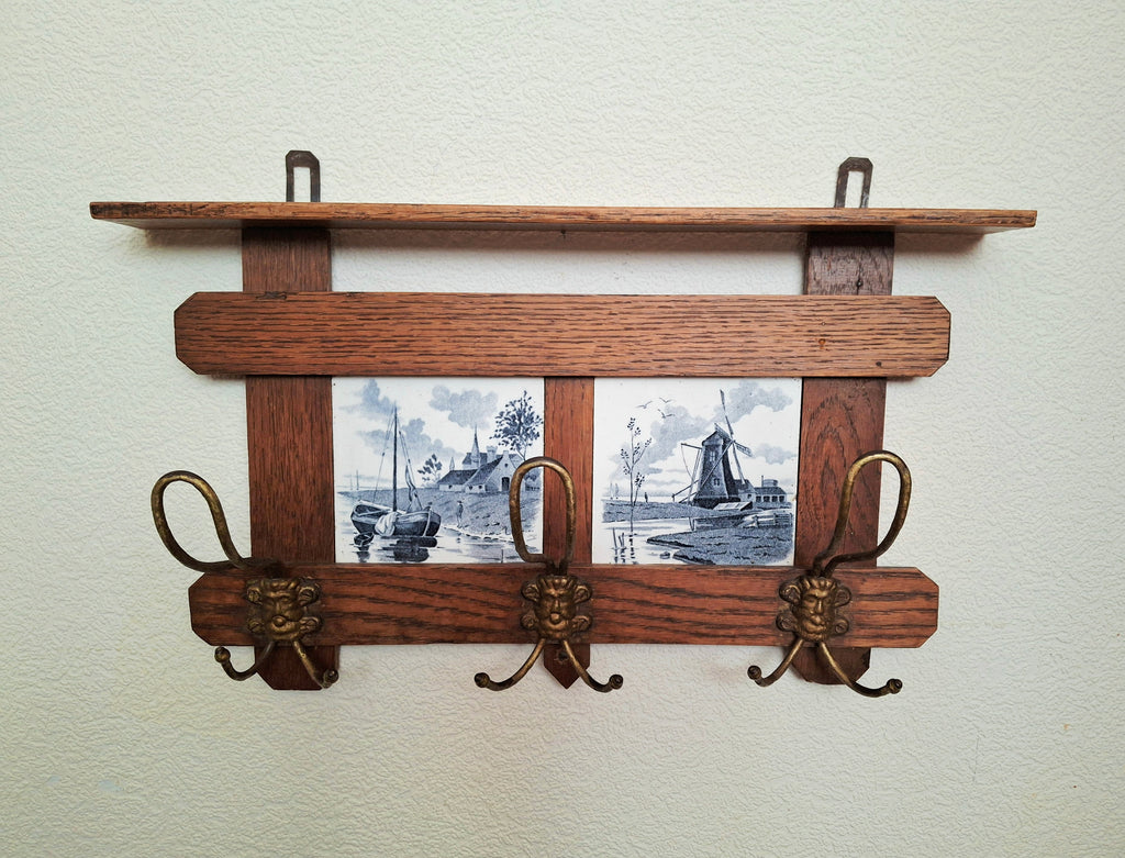 Antique dutch coat rack 1920 solid oak and tiles