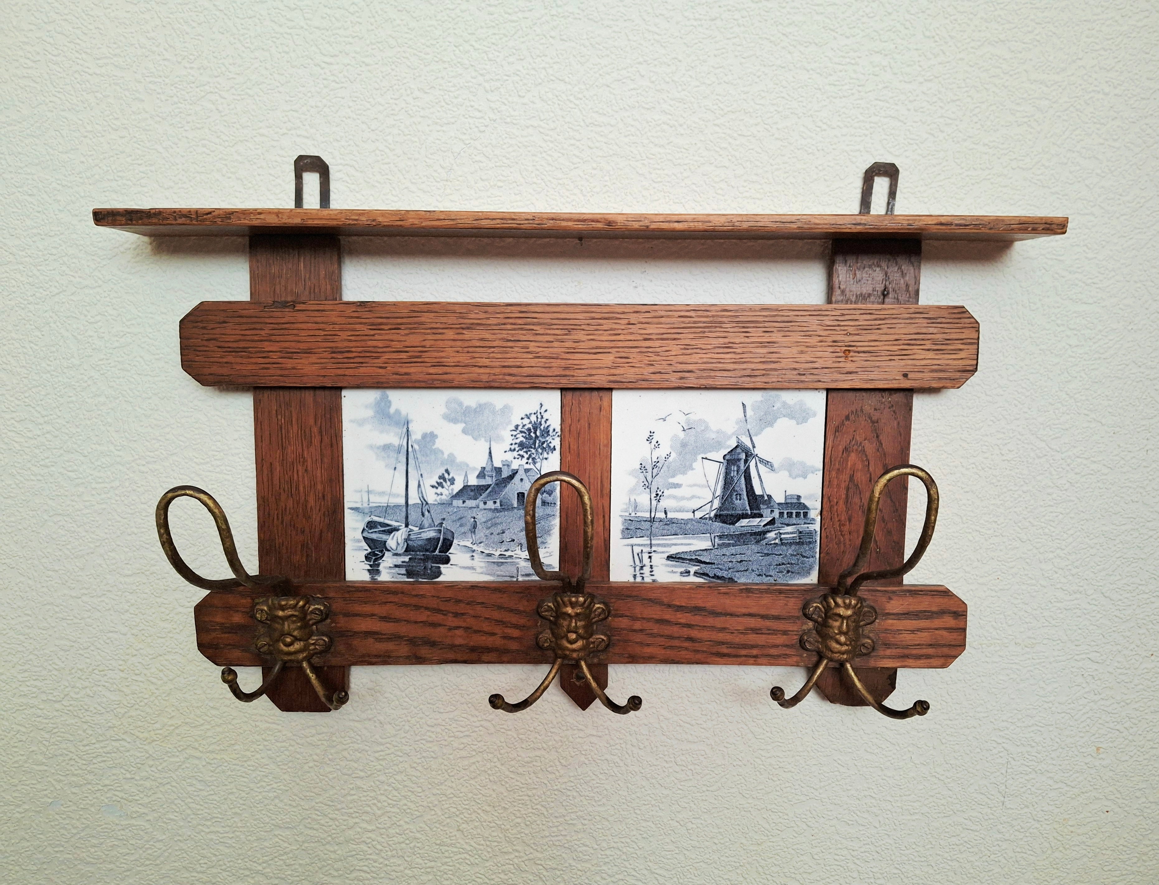 Antique dutch coat rack 1920 solid oak and tiles