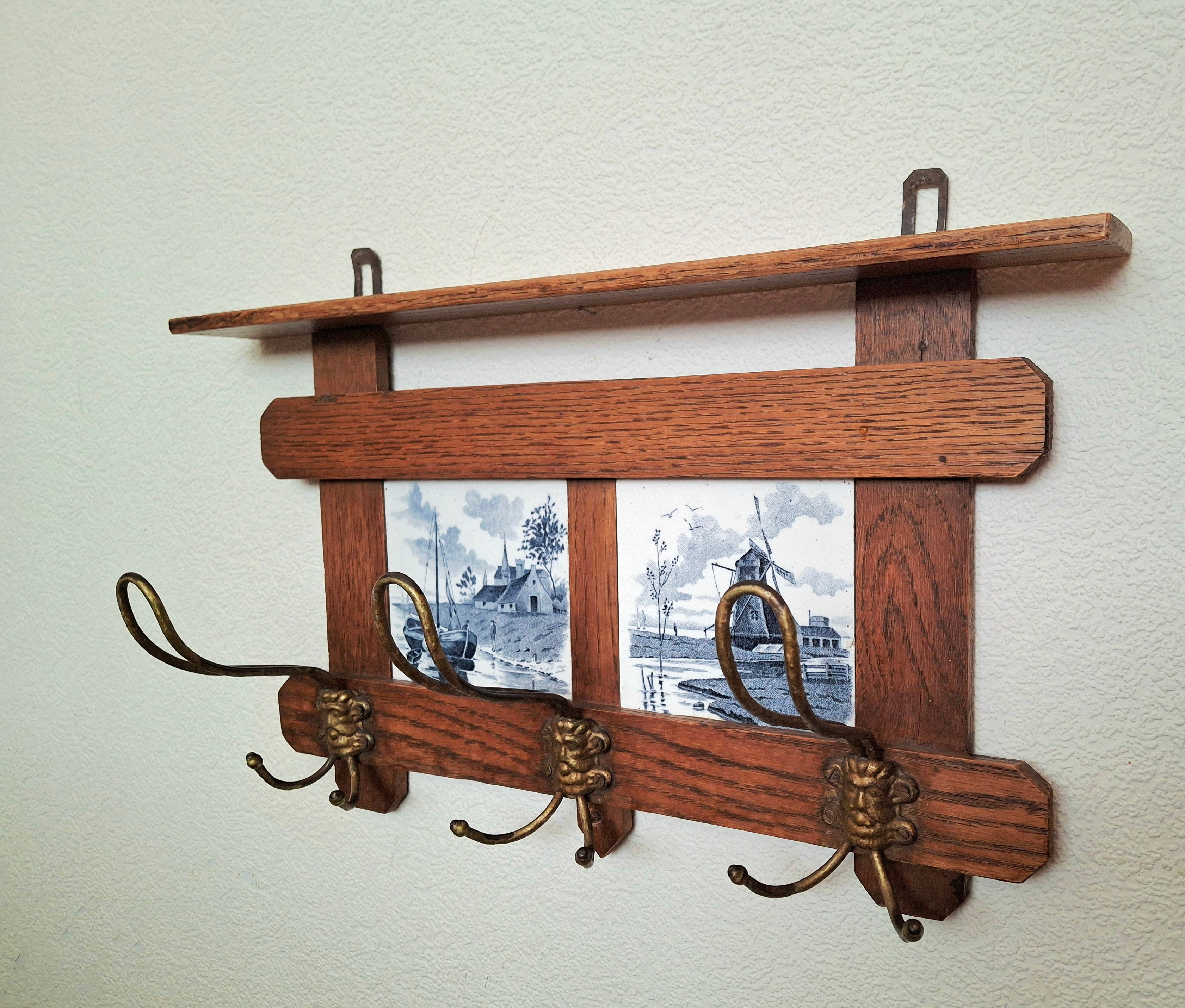 Antique dutch coat rack 1920 solid oak and tiles