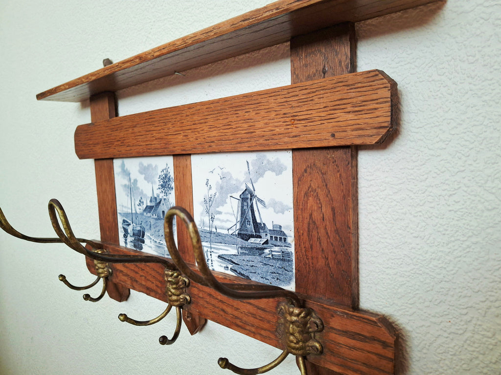 Antique dutch coat rack 1920 solid oak and tiles