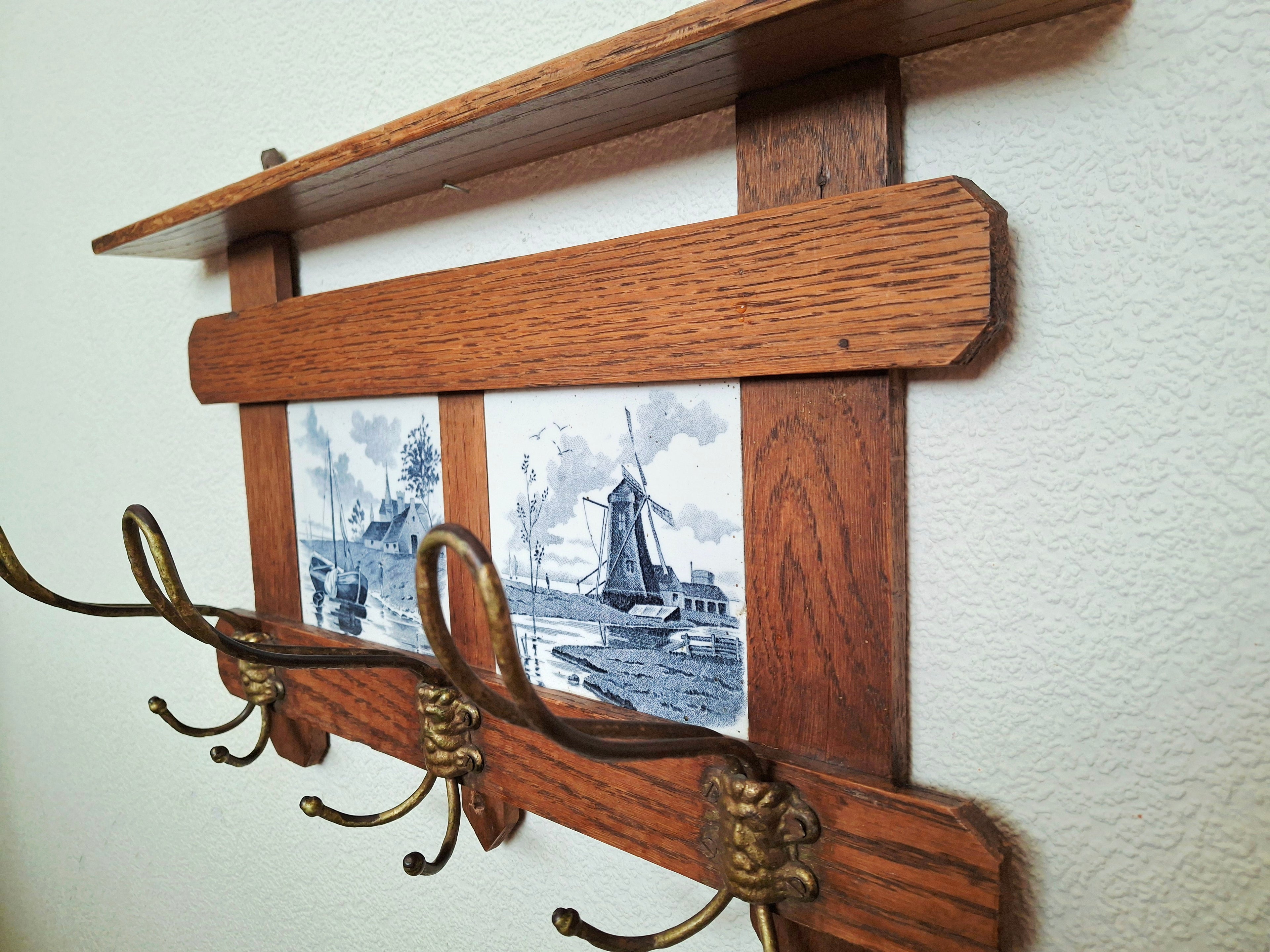 Antique dutch coat rack 1920 solid oak and tiles