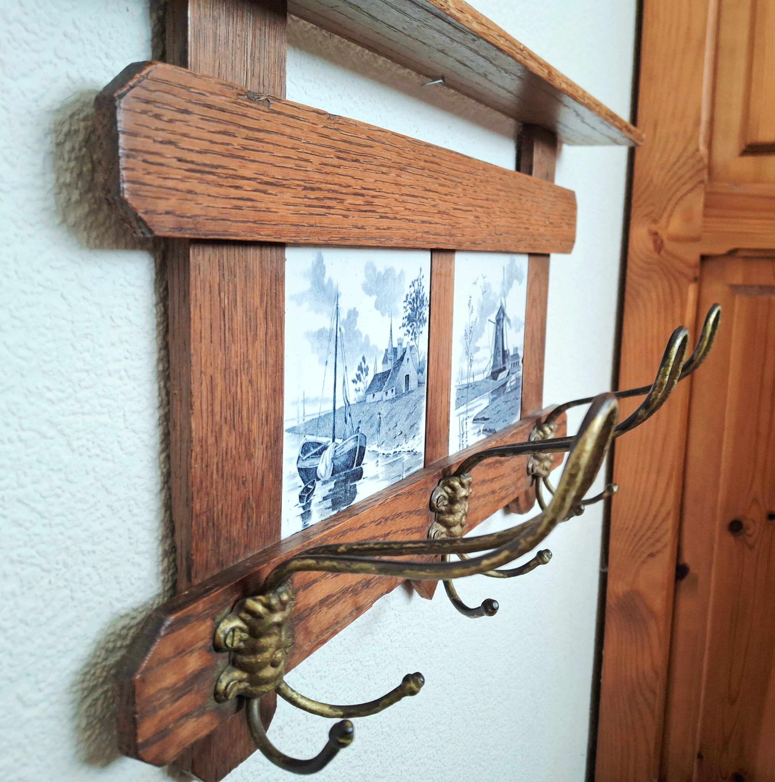 Antique dutch coat rack 1920 solid oak and tiles