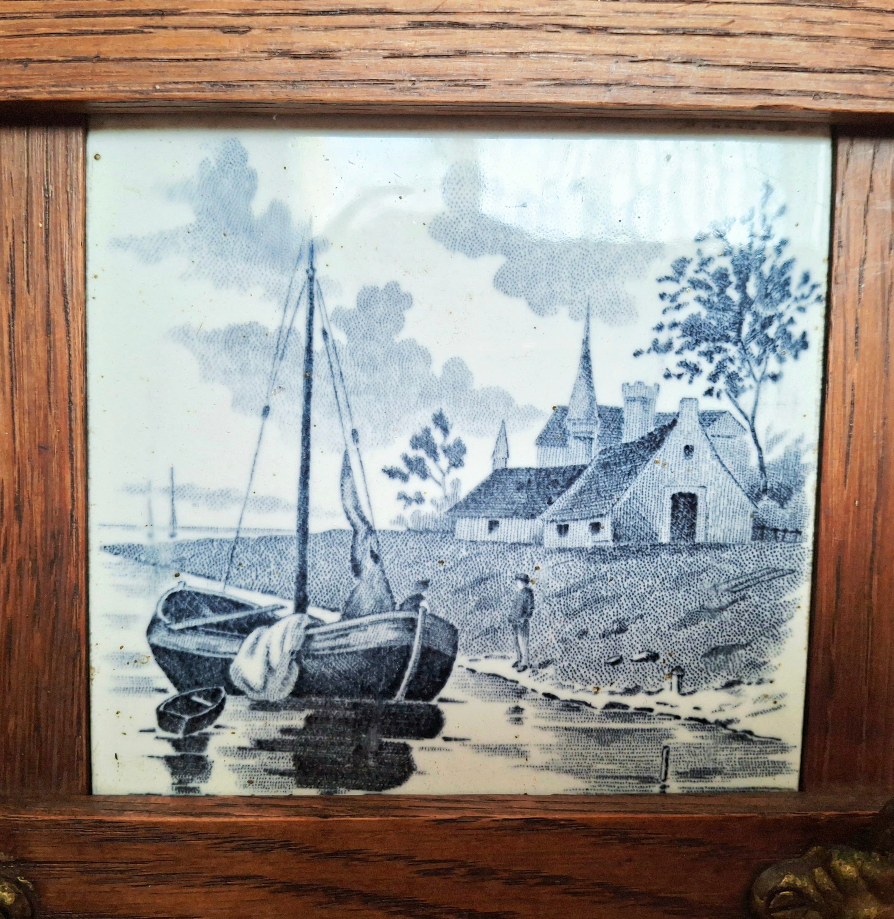 Antique dutch coat rack 1920 solid oak and tiles