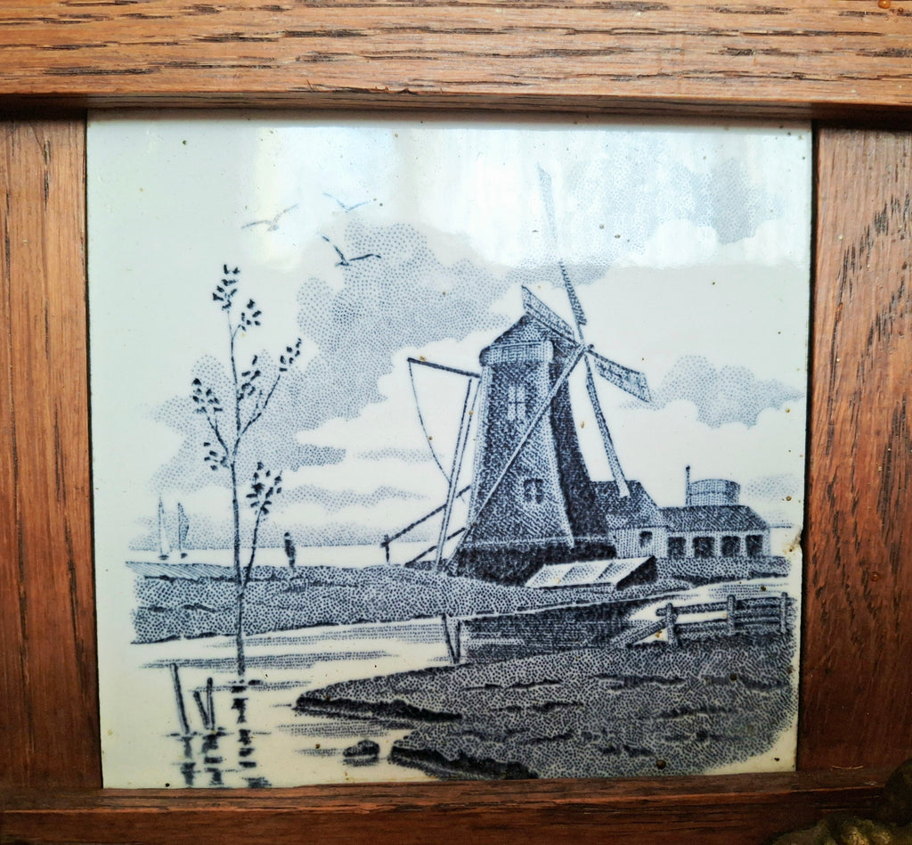 Antique dutch coat rack 1920 solid oak and tiles